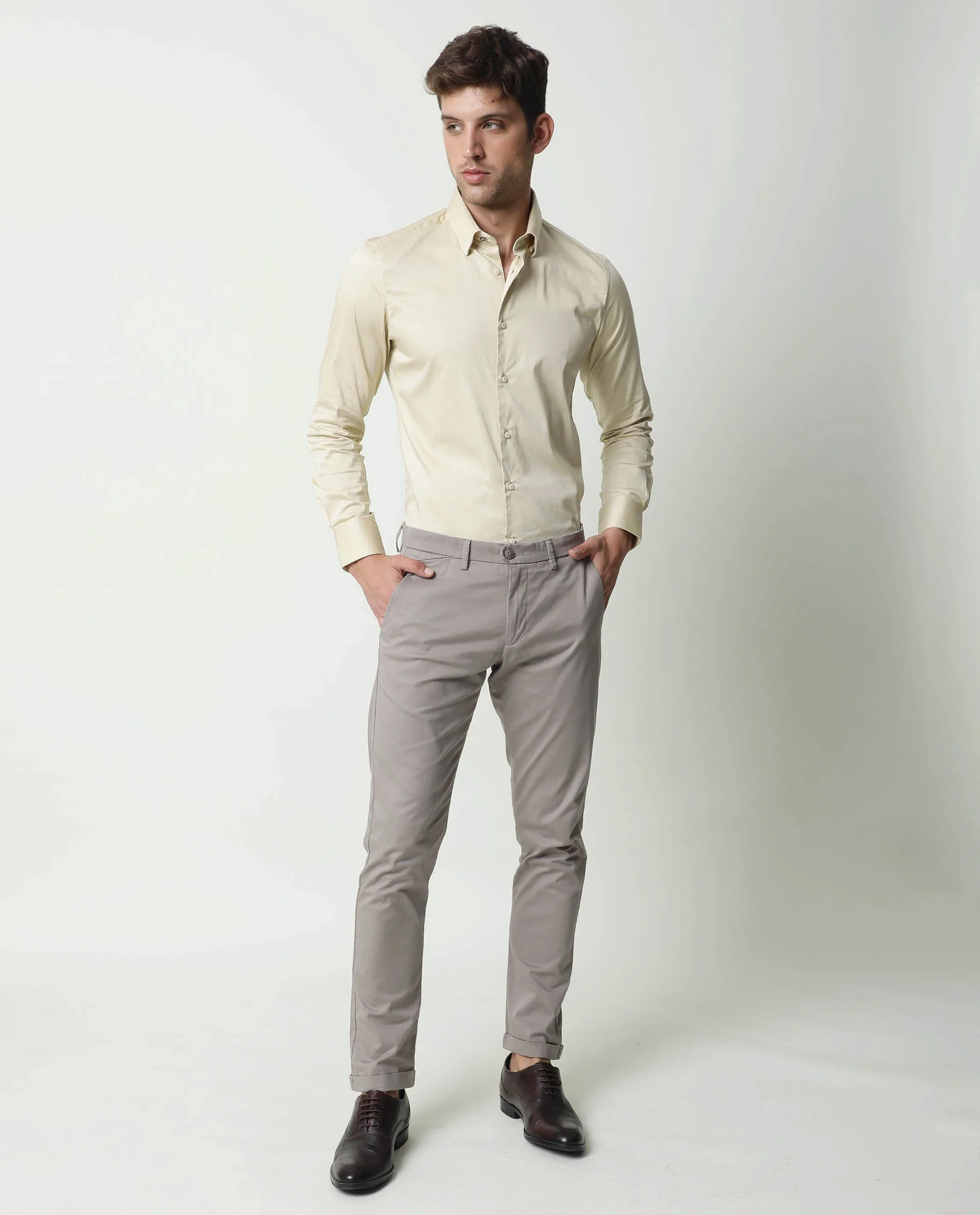 Rare Rabbit Men's Como Beige Satin Plain Regular Fit Full Sleeve Collared Shirt - Image 2