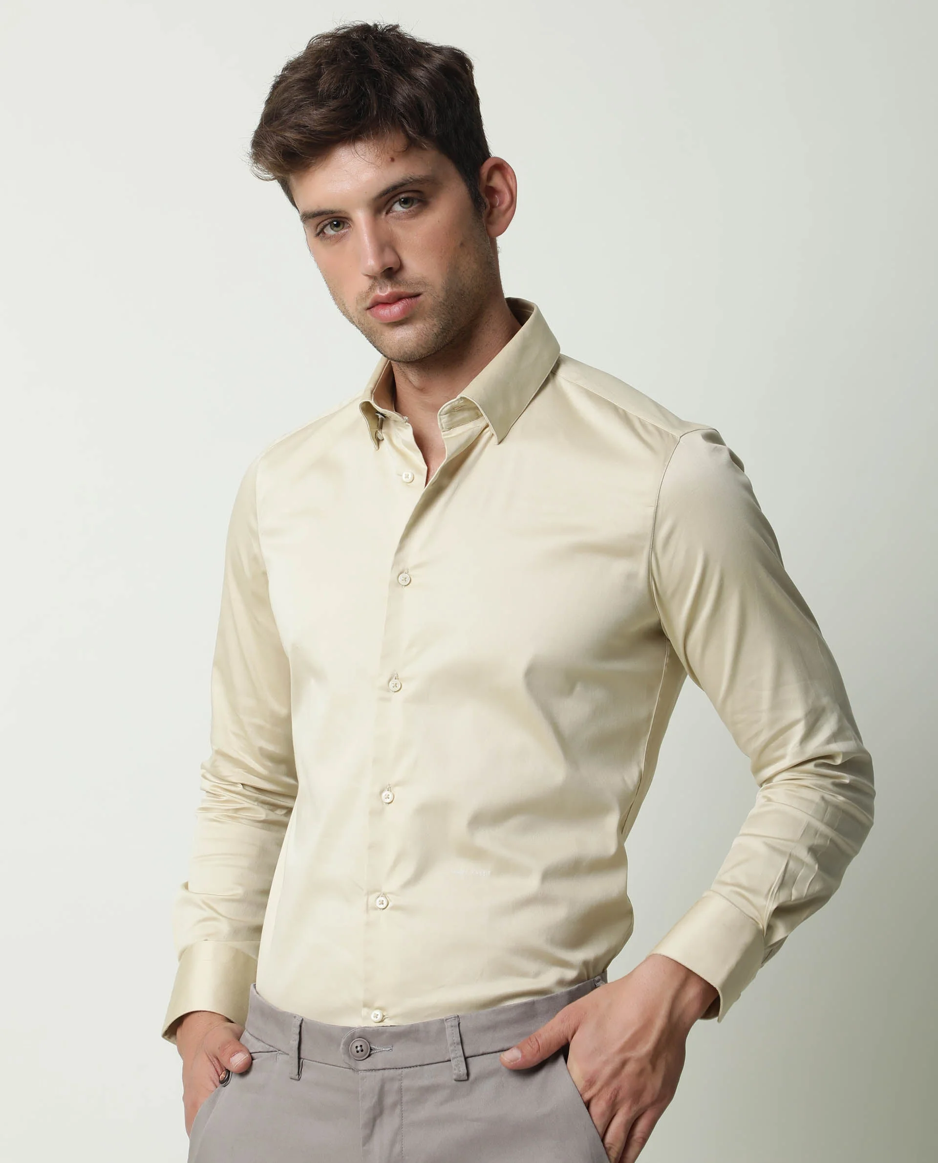 Rare Rabbit Men's Como Beige Satin Plain Regular Fit Full Sleeve Collared Shirt - Image 3