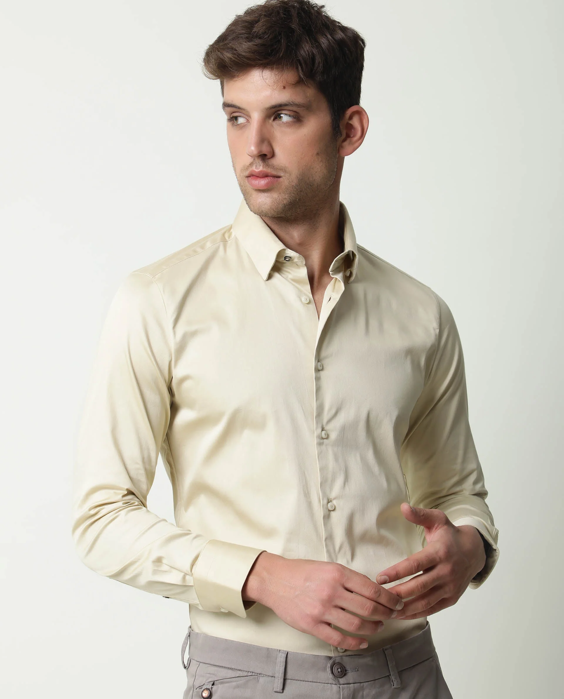 Rare Rabbit Men's Como Beige Satin Plain Regular Fit Full Sleeve Collared Shirt - Image 4