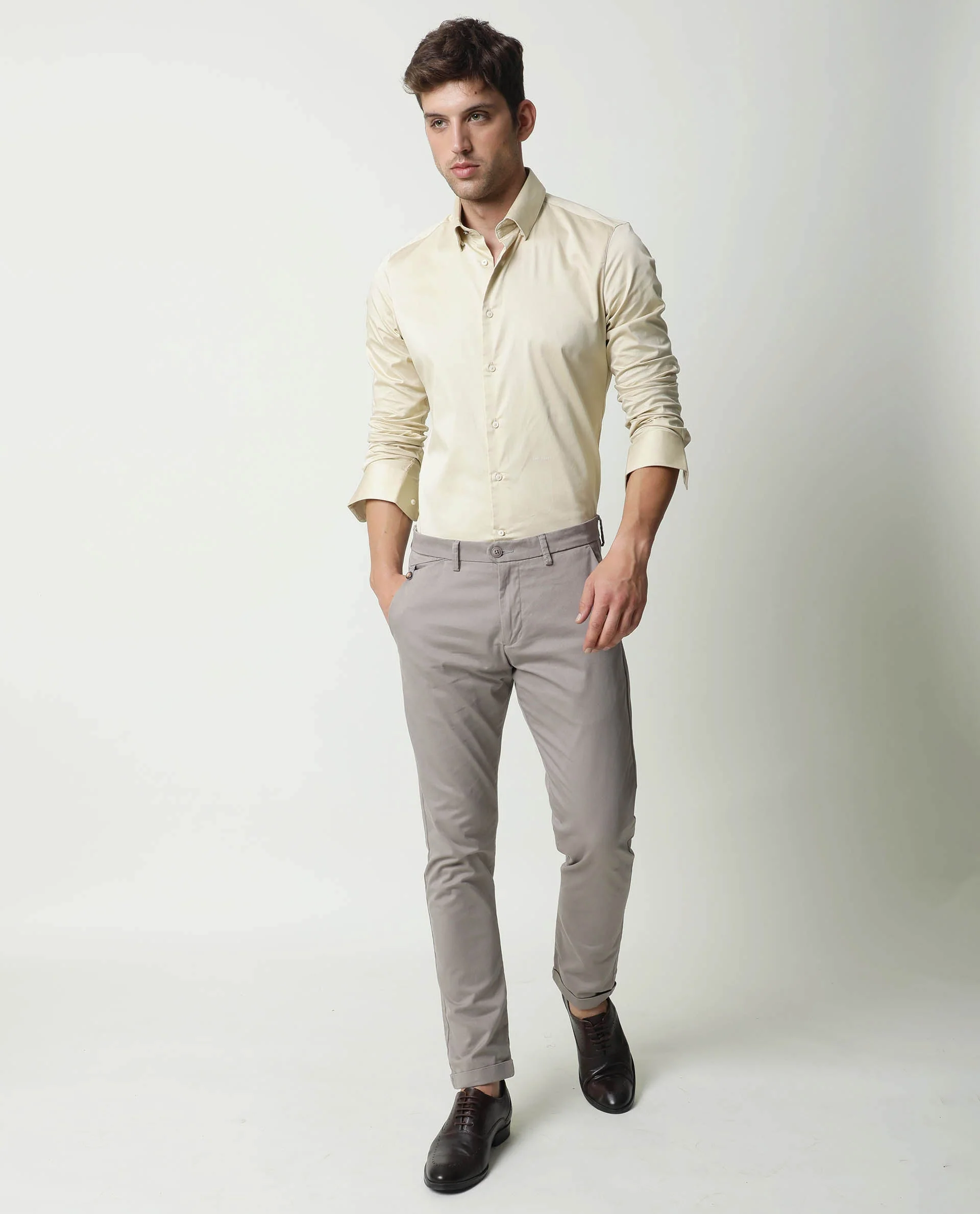 Rare Rabbit Men's Como Beige Satin Plain Regular Fit Full Sleeve Collared Shirt - Image 5