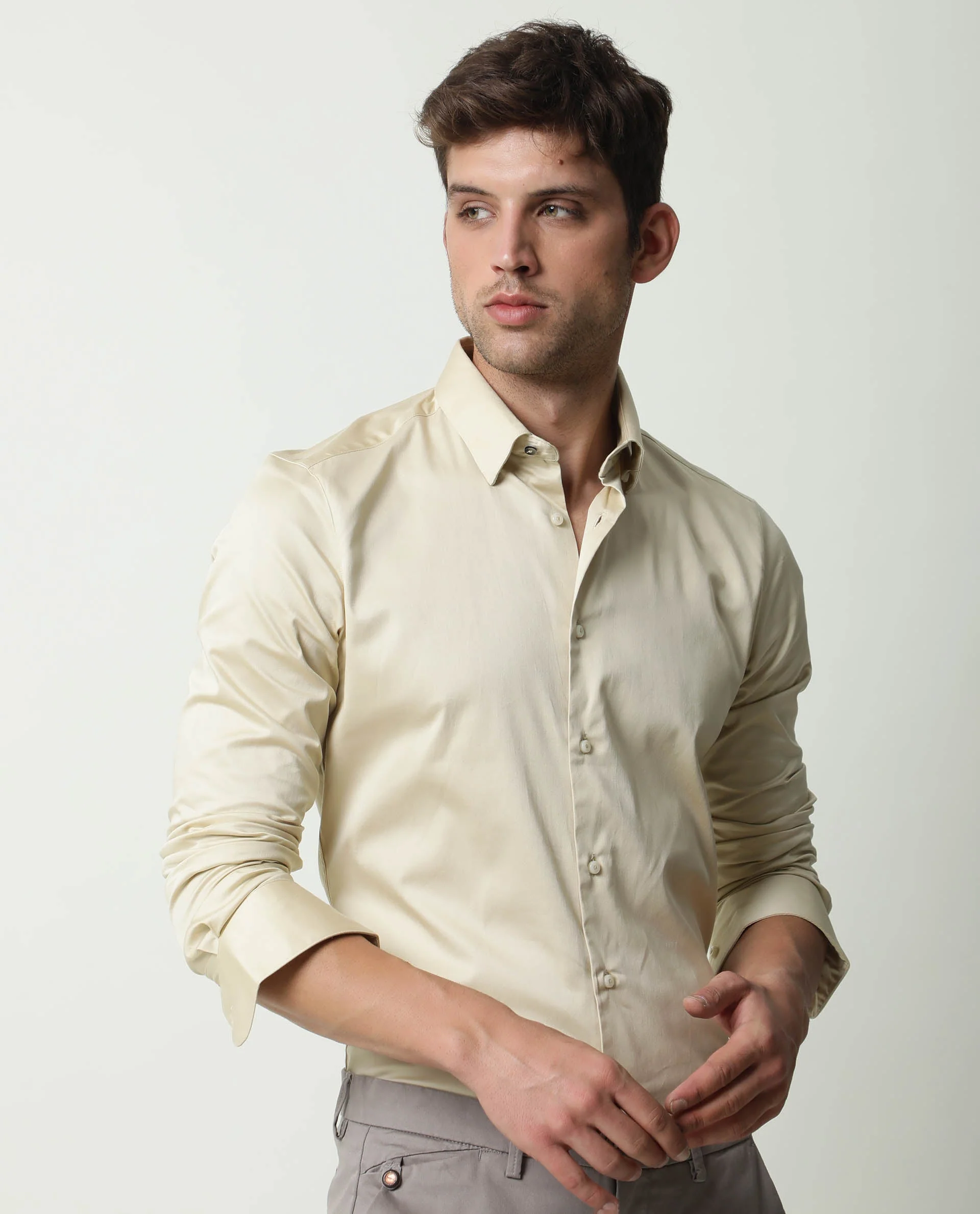 Rare Rabbit Men's Como Beige Satin Plain Regular Fit Full Sleeve Collared Shirt - Image 6