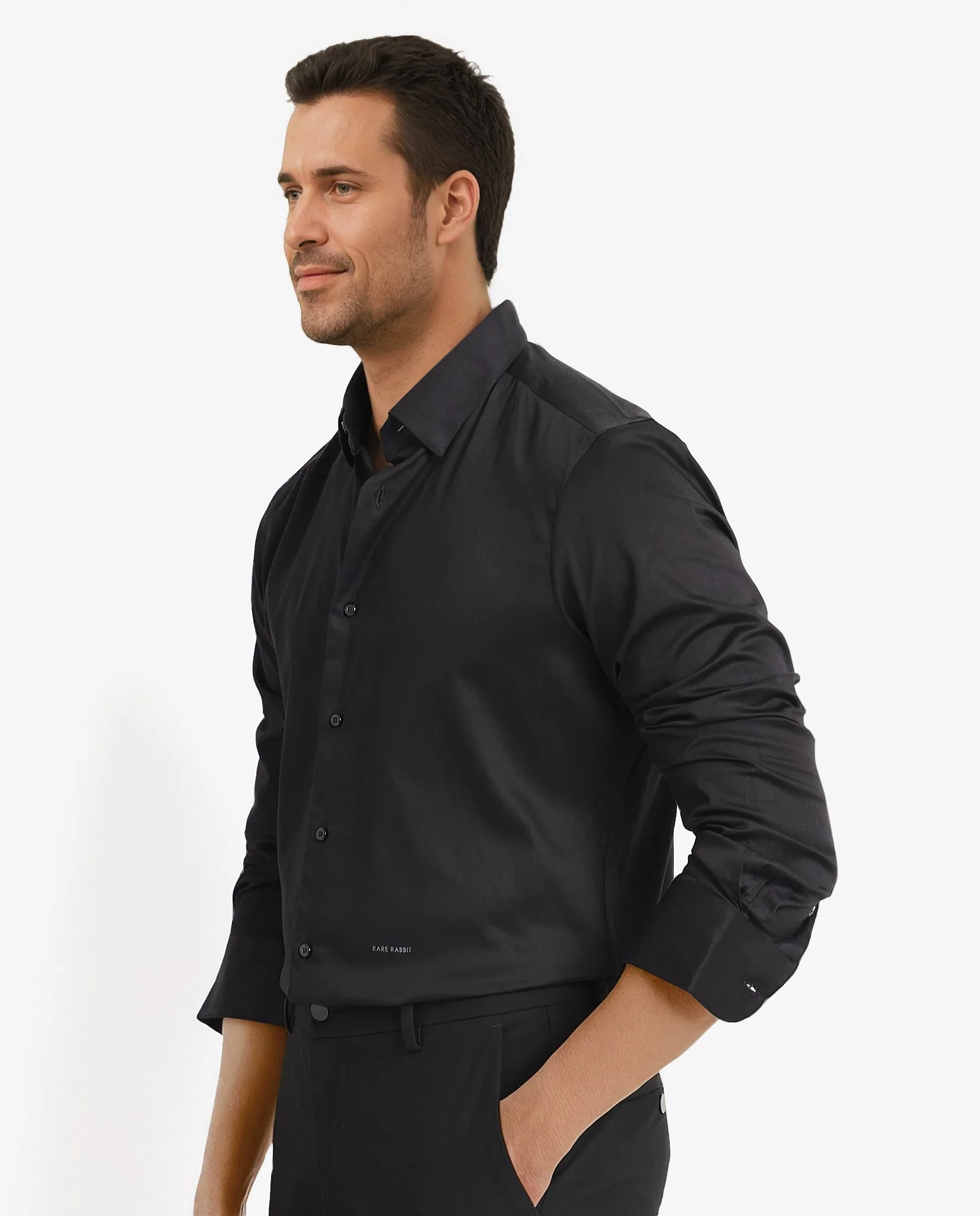 Rare Rabbit Men's Como Black Satin Plain Regular Fit Full Sleeve Collared Shirt - Image 7