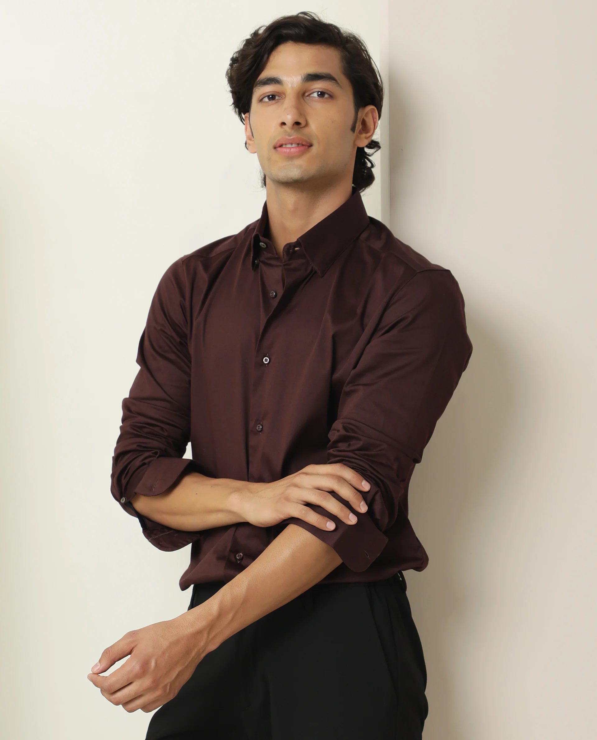 Rare Rabbit Men's Como Dark Maroon Satin Plain Regular Fit Full Sleeve Spread Collar Shirt