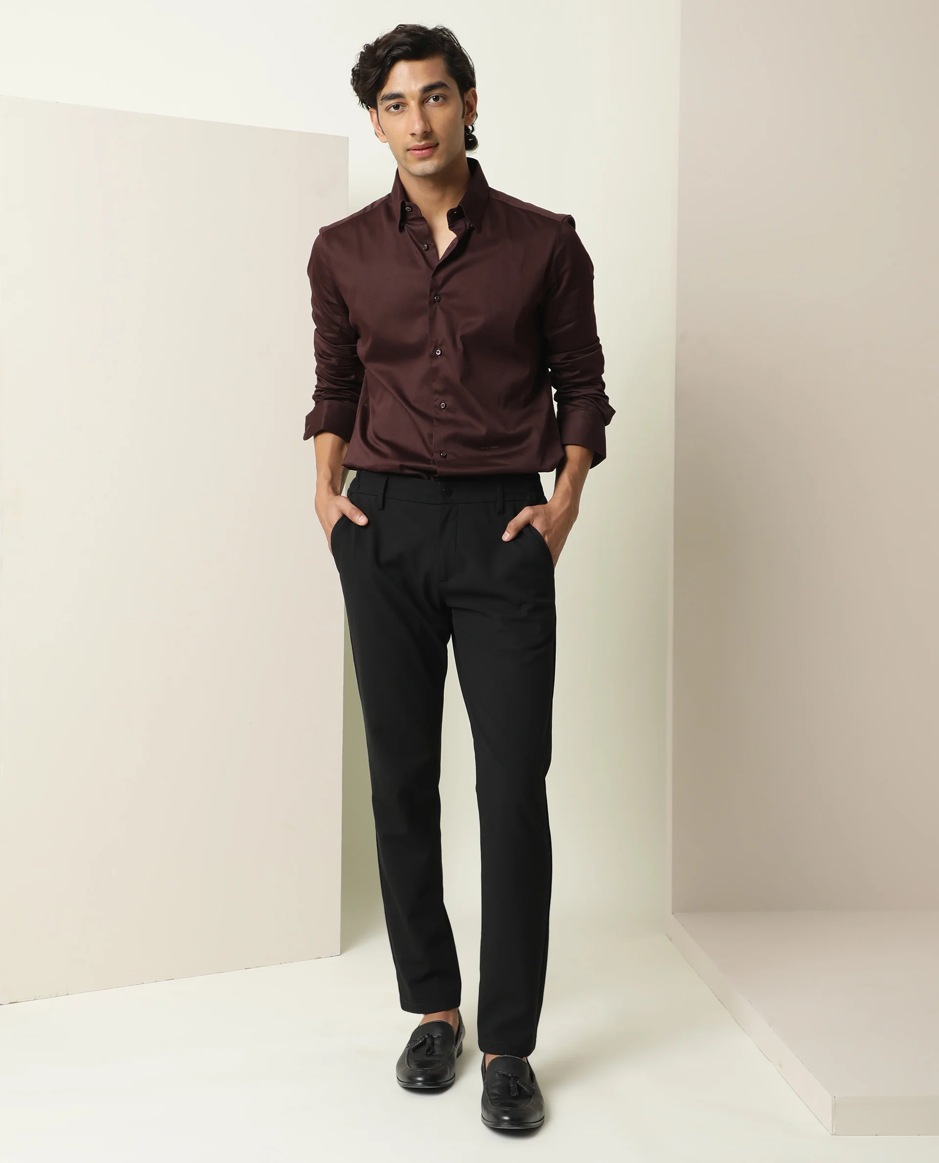Rare Rabbit Men's Como Dark Maroon Satin Plain Regular Fit Full Sleeve Spread Collar Shirt - Image 2