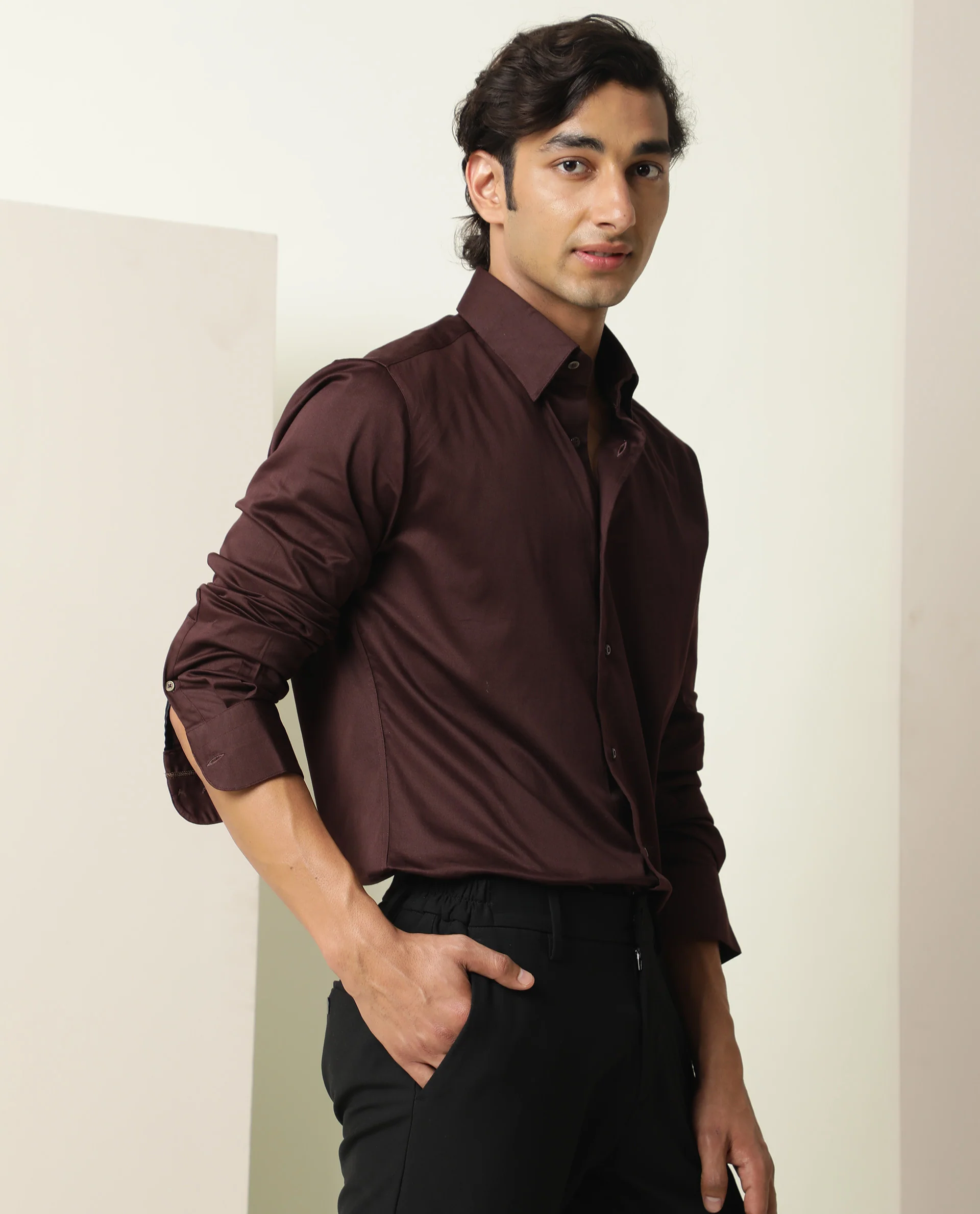 Rare Rabbit Men's Como Dark Maroon Satin Plain Regular Fit Full Sleeve Spread Collar Shirt - Image 4