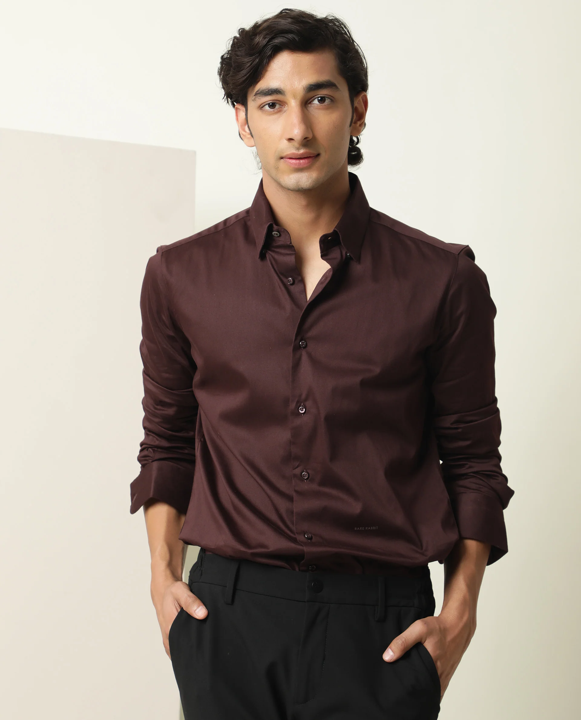 Rare Rabbit Men's Como Dark Maroon Satin Plain Regular Fit Full Sleeve Spread Collar Shirt - Image 5