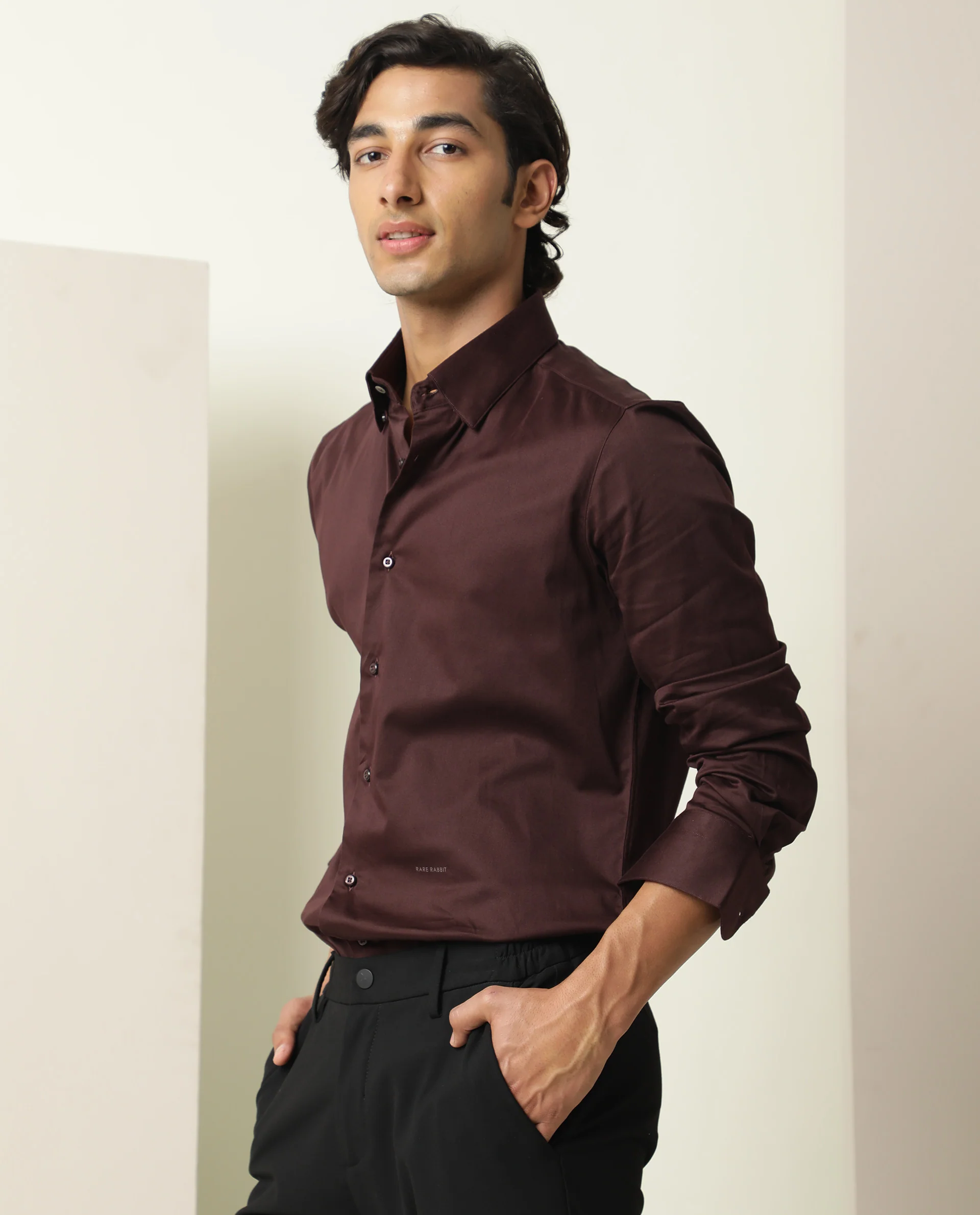 Rare Rabbit Men's Como Dark Maroon Satin Plain Regular Fit Full Sleeve Spread Collar Shirt - Image 6