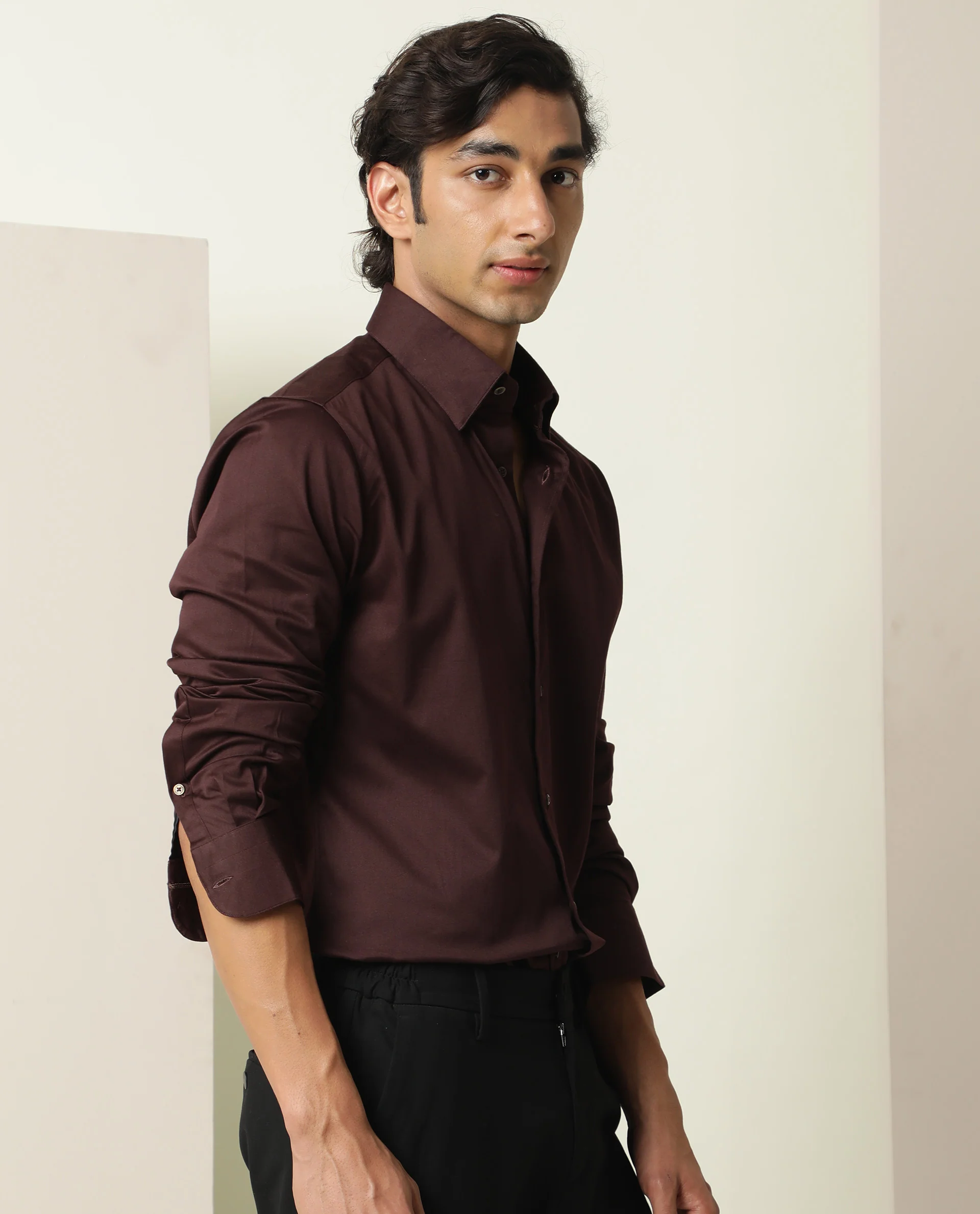 Rare Rabbit Men's Como Dark Maroon Satin Plain Regular Fit Full Sleeve Spread Collar Shirt - Image 7