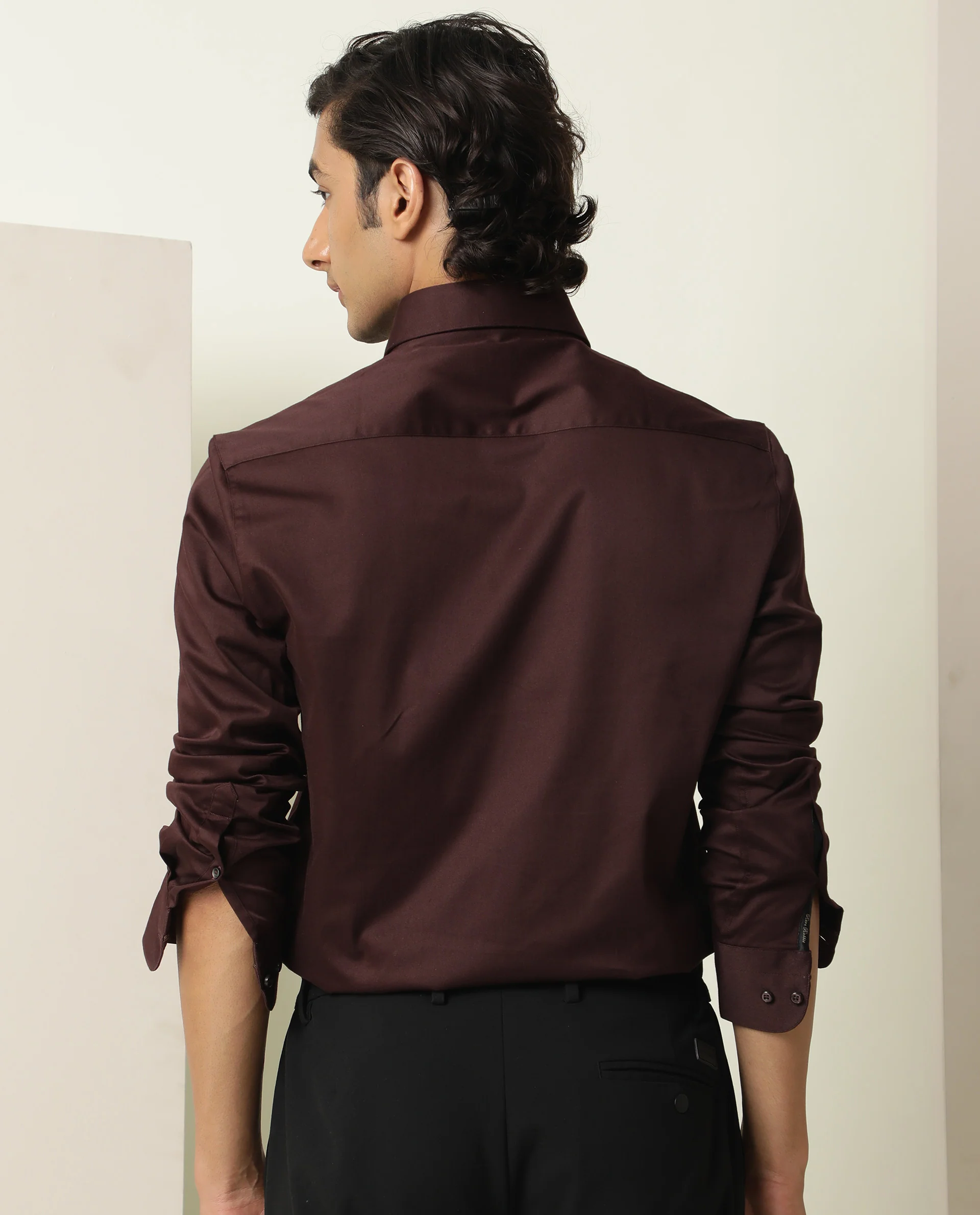 Rare Rabbit Men's Como Dark Maroon Satin Plain Regular Fit Full Sleeve Spread Collar Shirt - Image 8