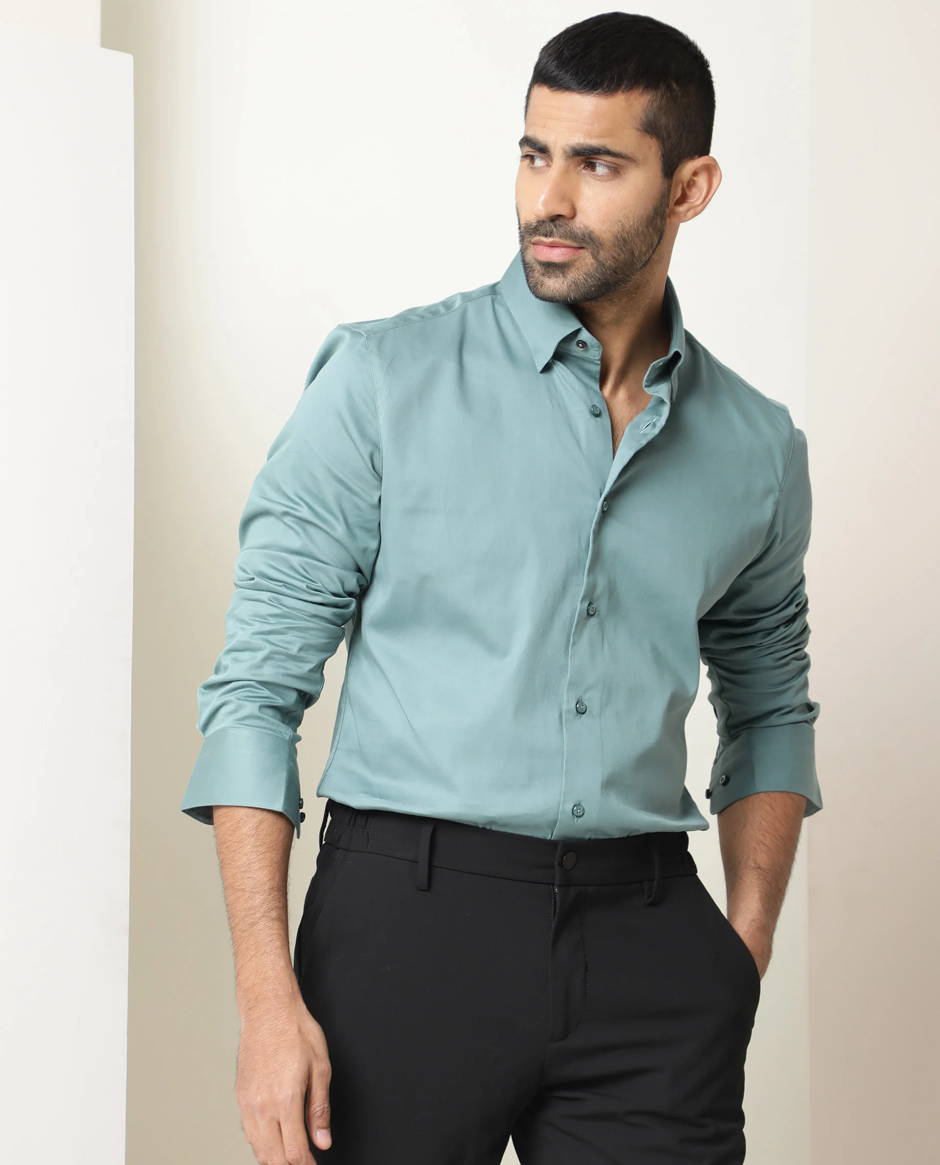 Rare Rabbit Men's Como Green Satin Plain Regular Fit Full Sleeve Collared Shirt - Image 3