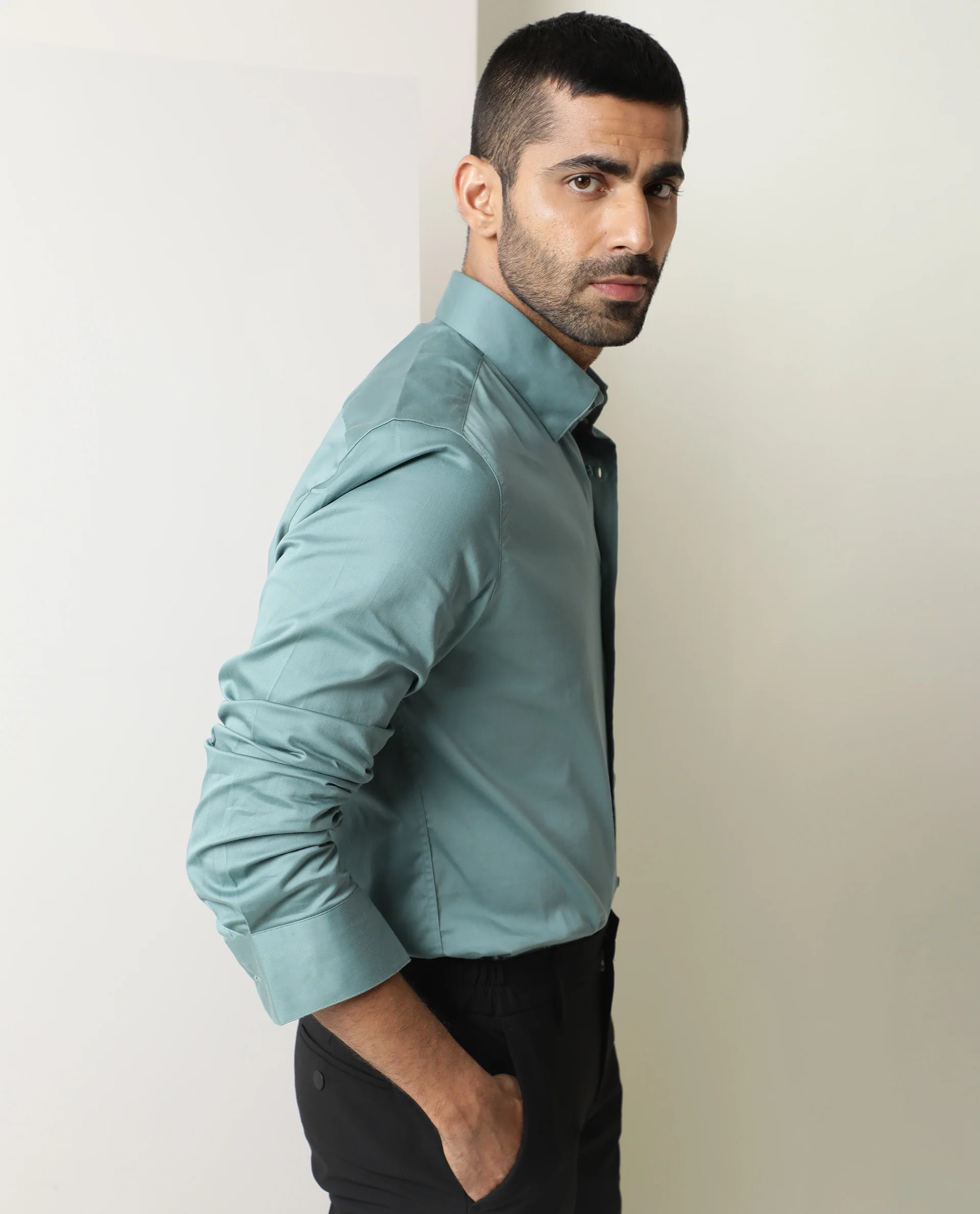 Rare Rabbit Men's Como Green Satin Plain Regular Fit Full Sleeve Collared Shirt - Image 7