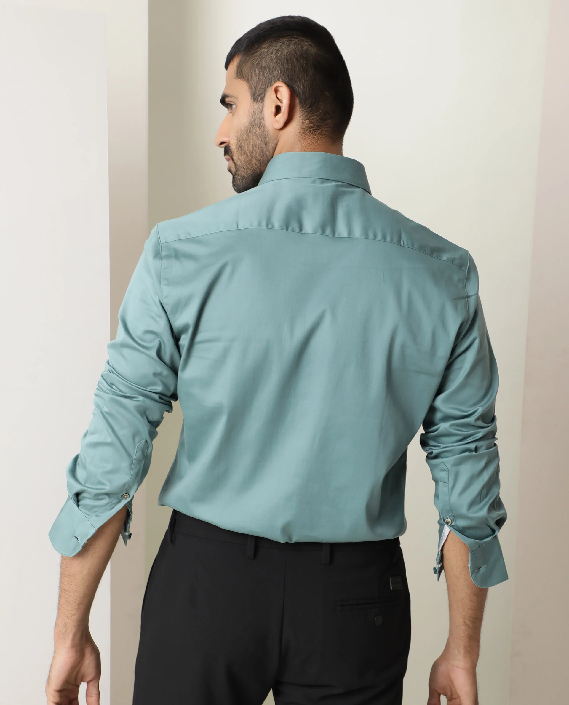 Rare Rabbit Men's Como Green Satin Plain Regular Fit Full Sleeve Collared Shirt - Image 8