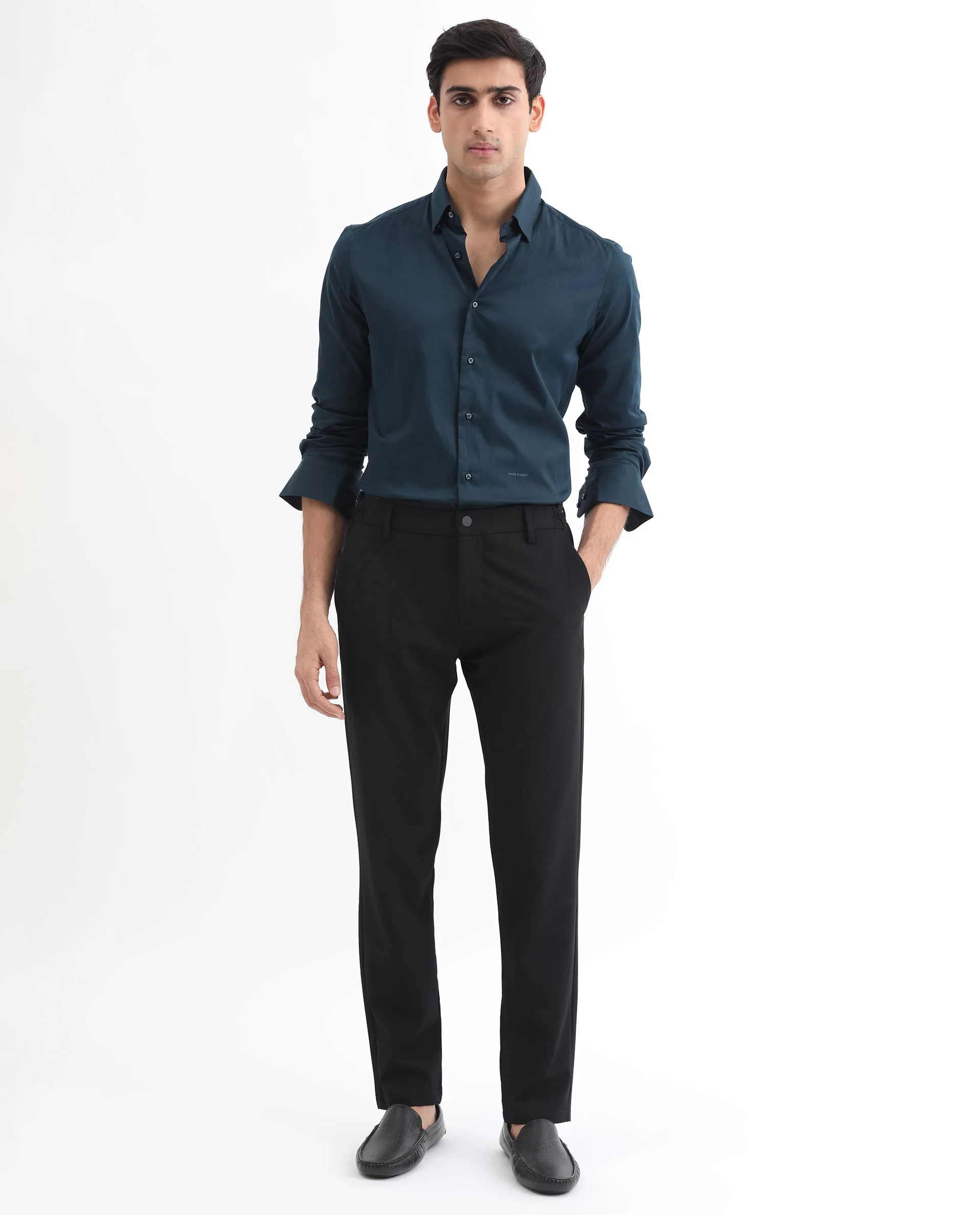 Rare Rabbit Men's Como Light Petrol Satin Plain Regular Fit Full Sleeve Collared Shirt - Image 2