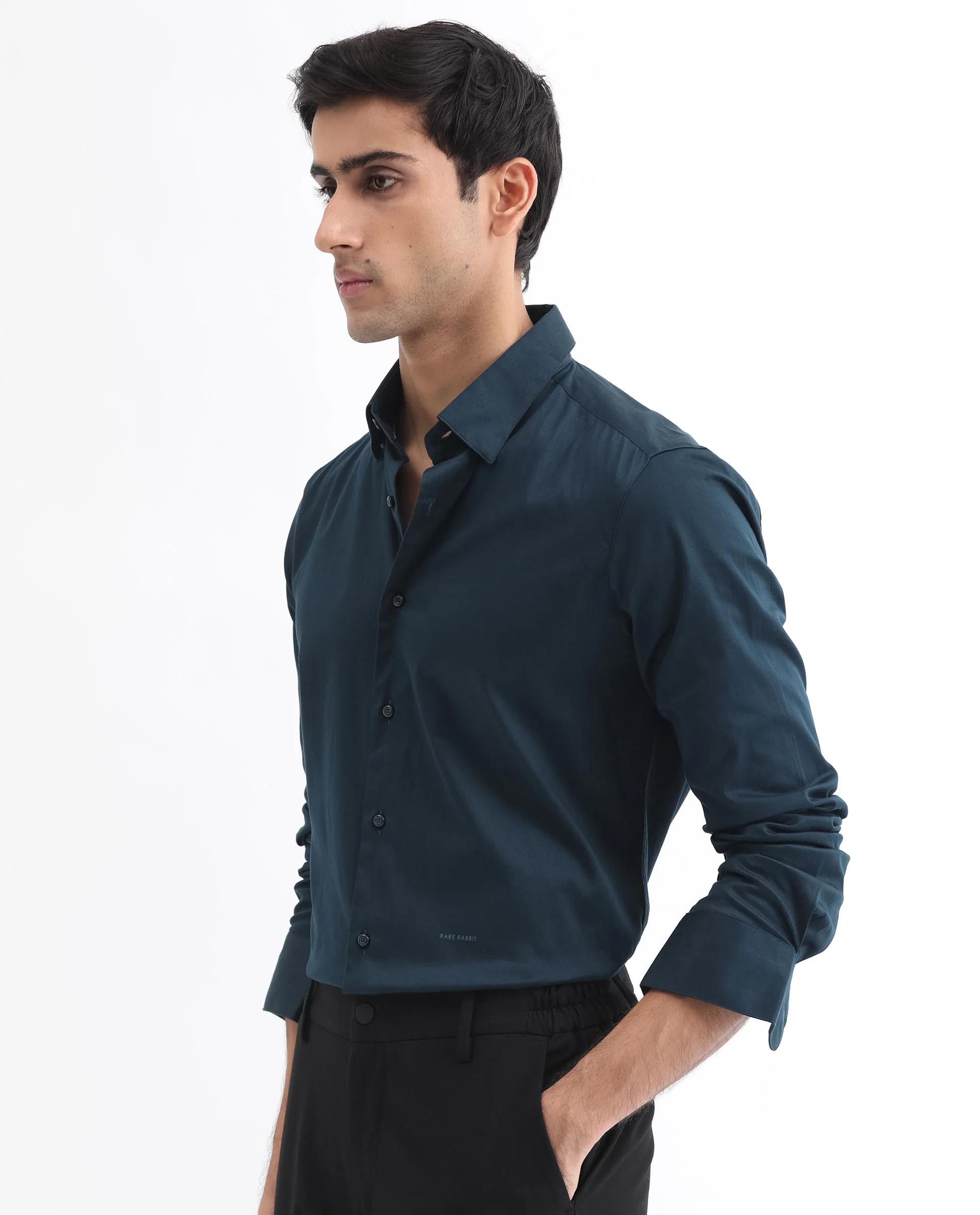 Rare Rabbit Men's Como Light Petrol Satin Plain Regular Fit Full Sleeve Collared Shirt - Image 3
