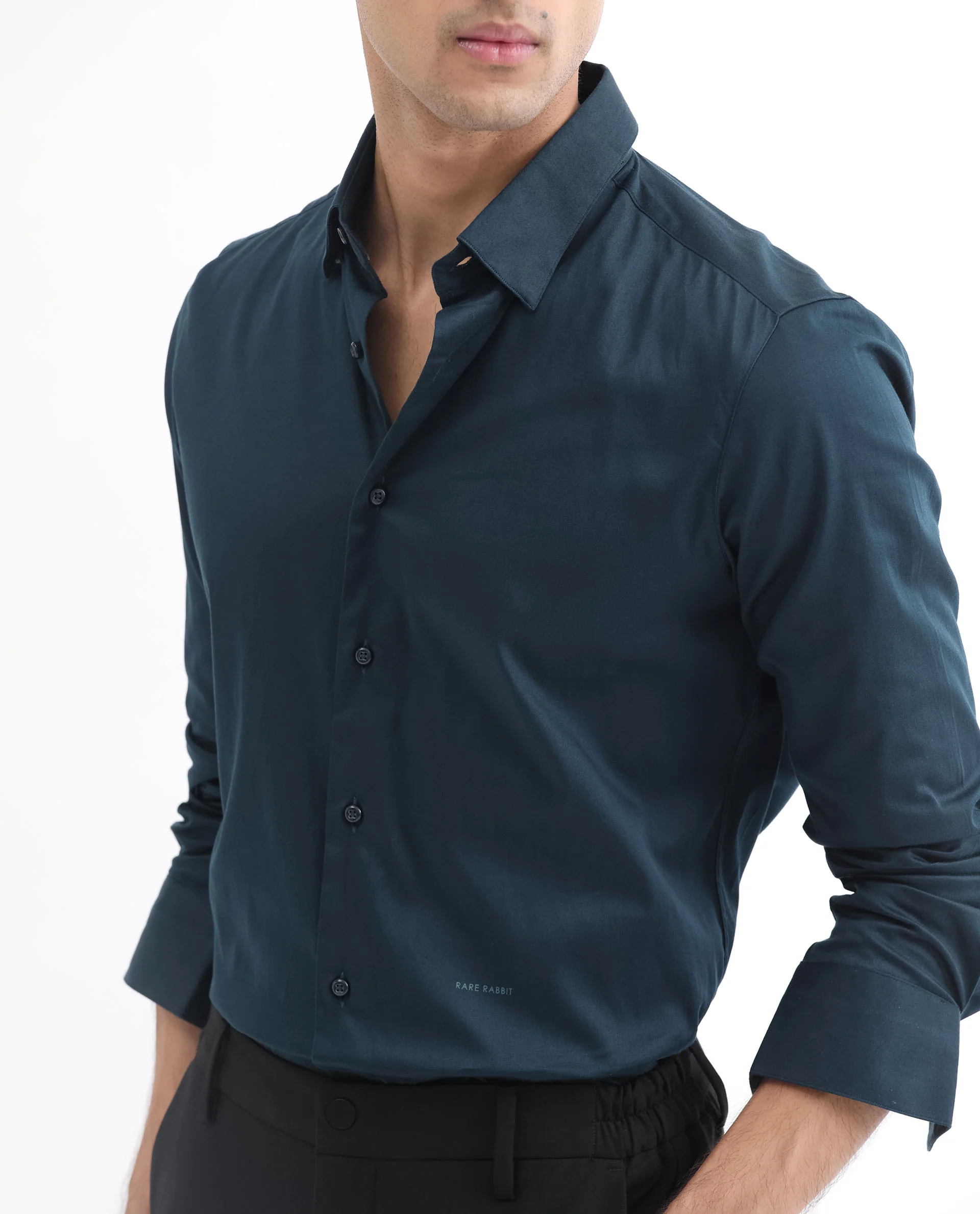 Rare Rabbit Men's Como Light Petrol Satin Plain Regular Fit Full Sleeve Collared Shirt - Image 5