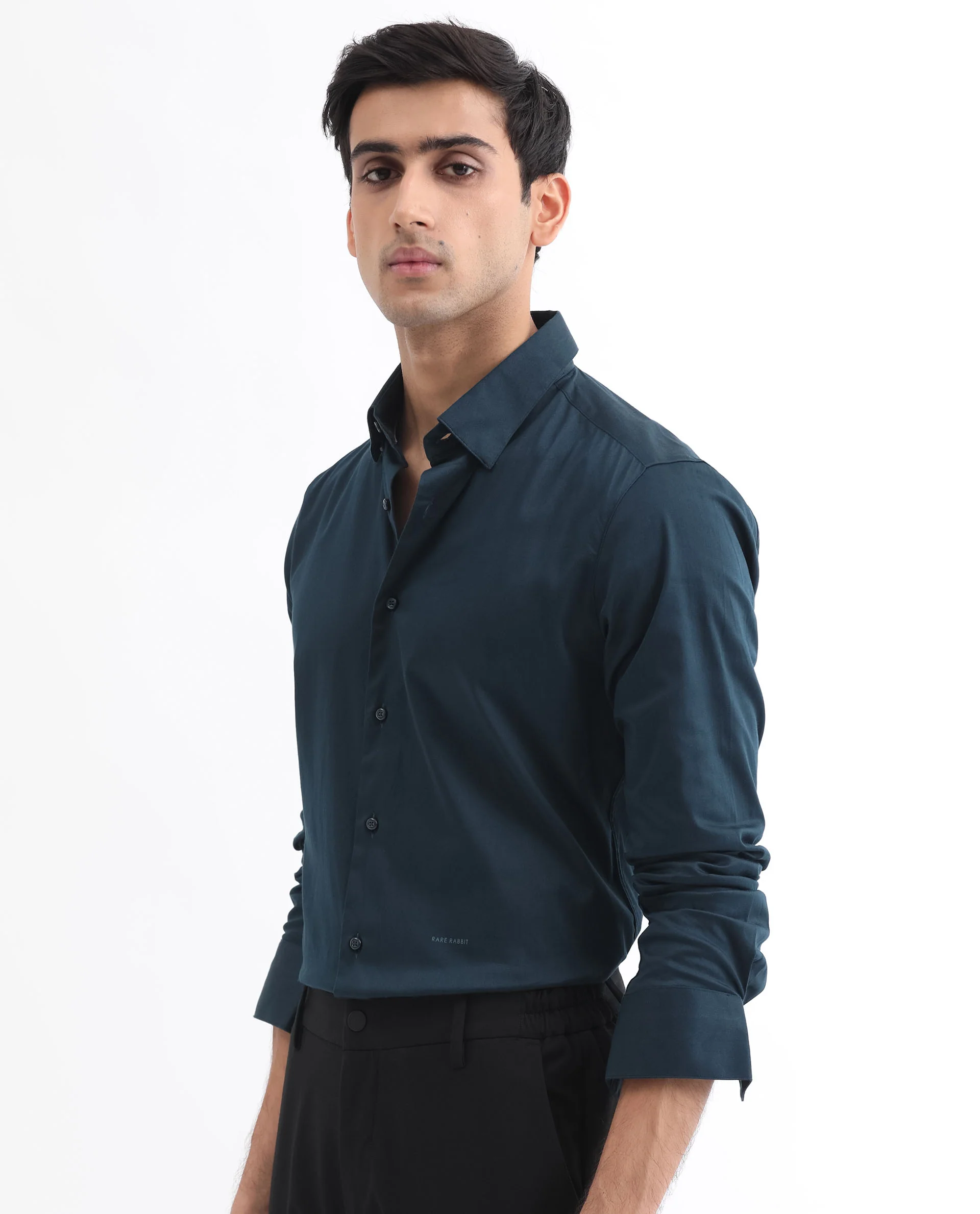 Rare Rabbit Men's Como Light Petrol Satin Plain Regular Fit Full Sleeve Collared Shirt - Image 6