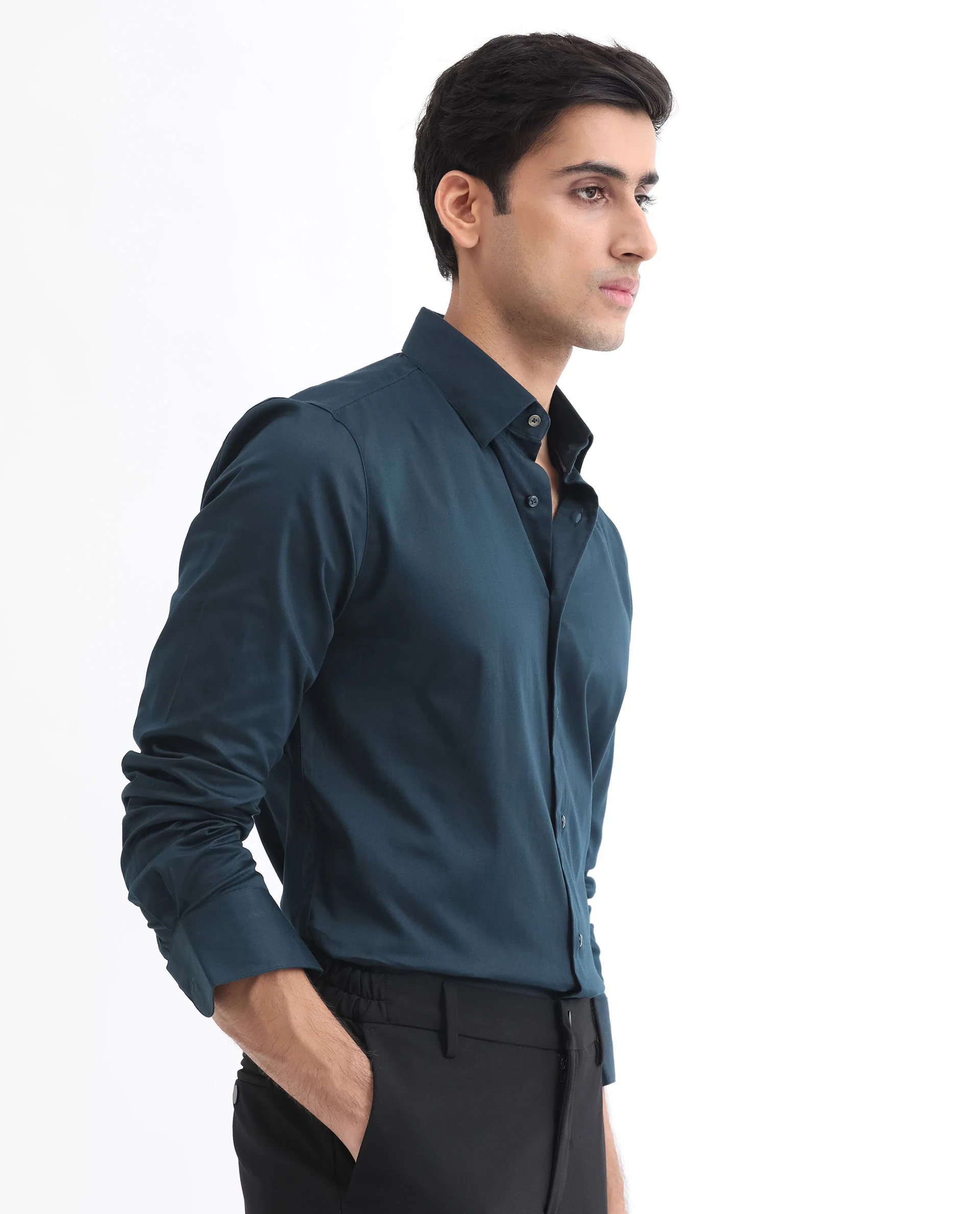 Rare Rabbit Men's Como Light Petrol Satin Plain Regular Fit Full Sleeve Collared Shirt - Image 7