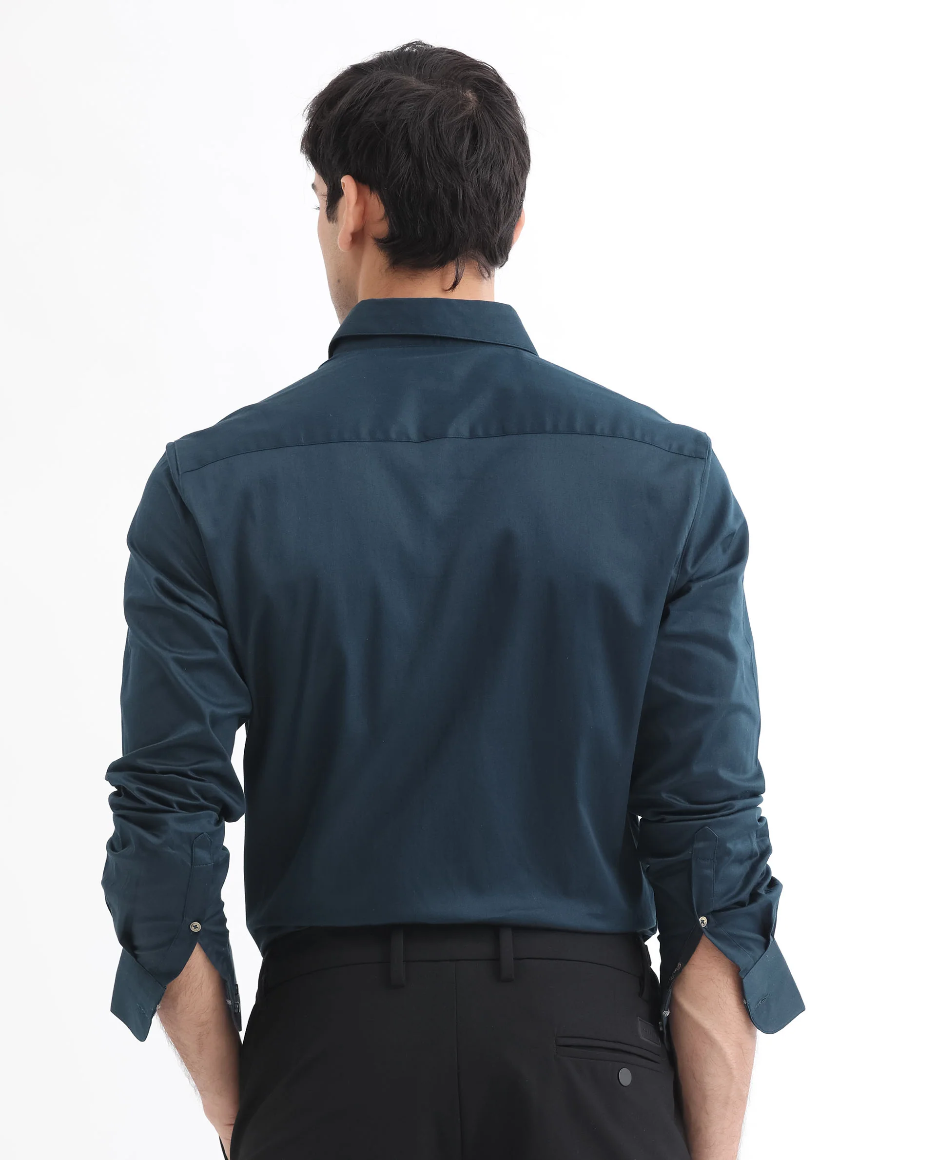 Rare Rabbit Men's Como Light Petrol Satin Plain Regular Fit Full Sleeve Collared Shirt - Image 8