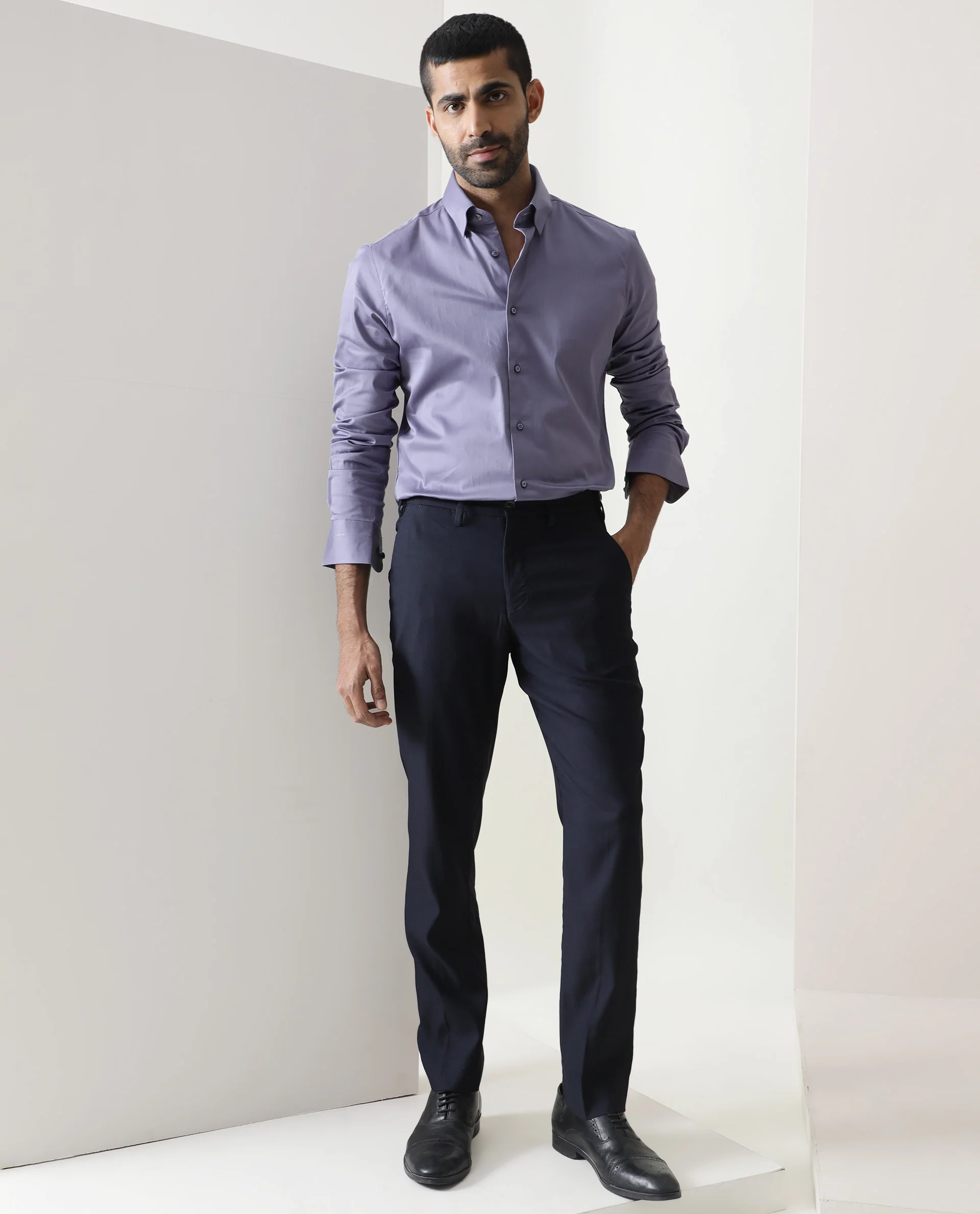 Rare Rabbit Men's Como Light Purple Satin Plain Regular Fit Full Sleeve Collared Shirt - Image 2