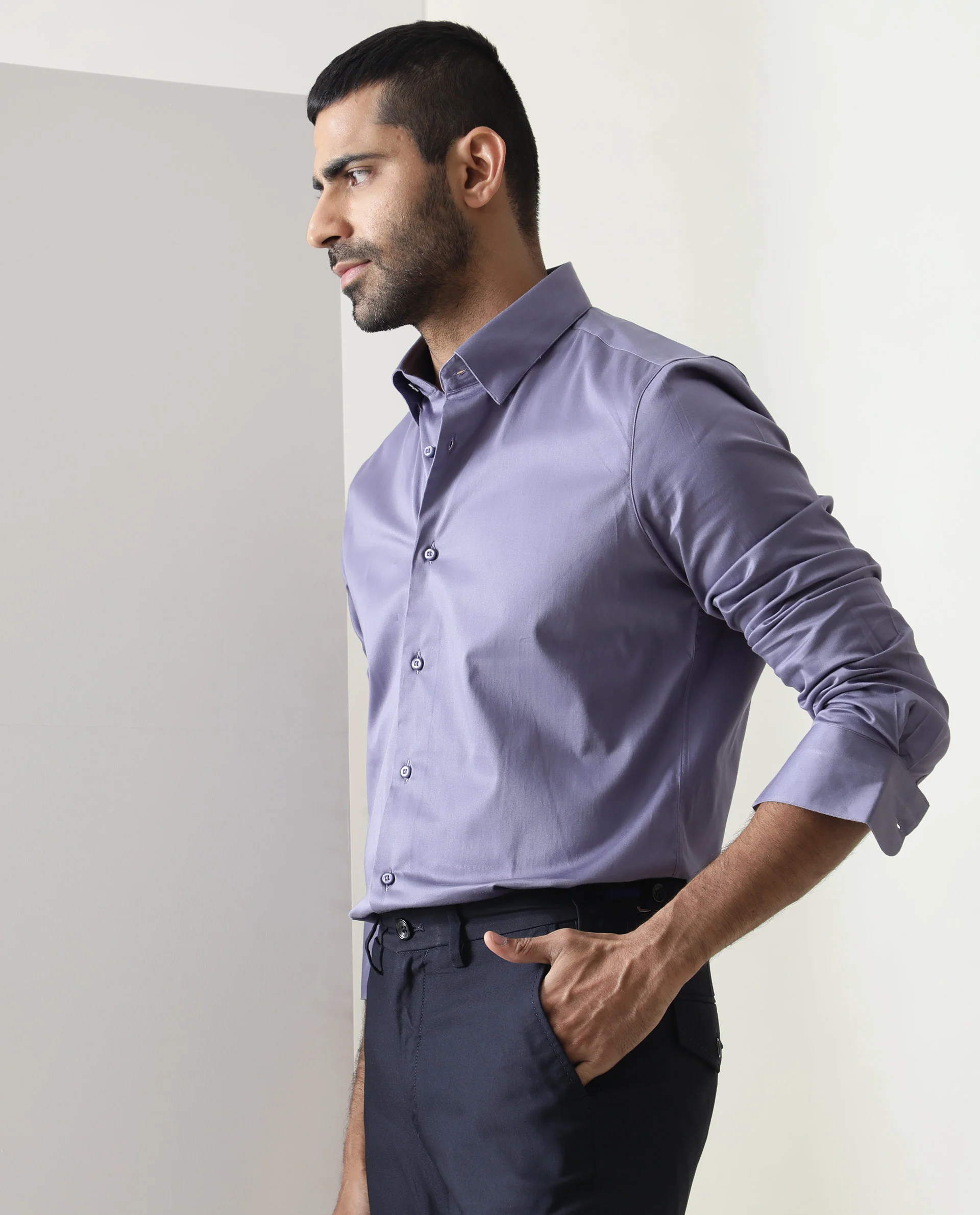 Rare Rabbit Men's Como Light Purple Satin Plain Regular Fit Full Sleeve Collared Shirt - Image 3