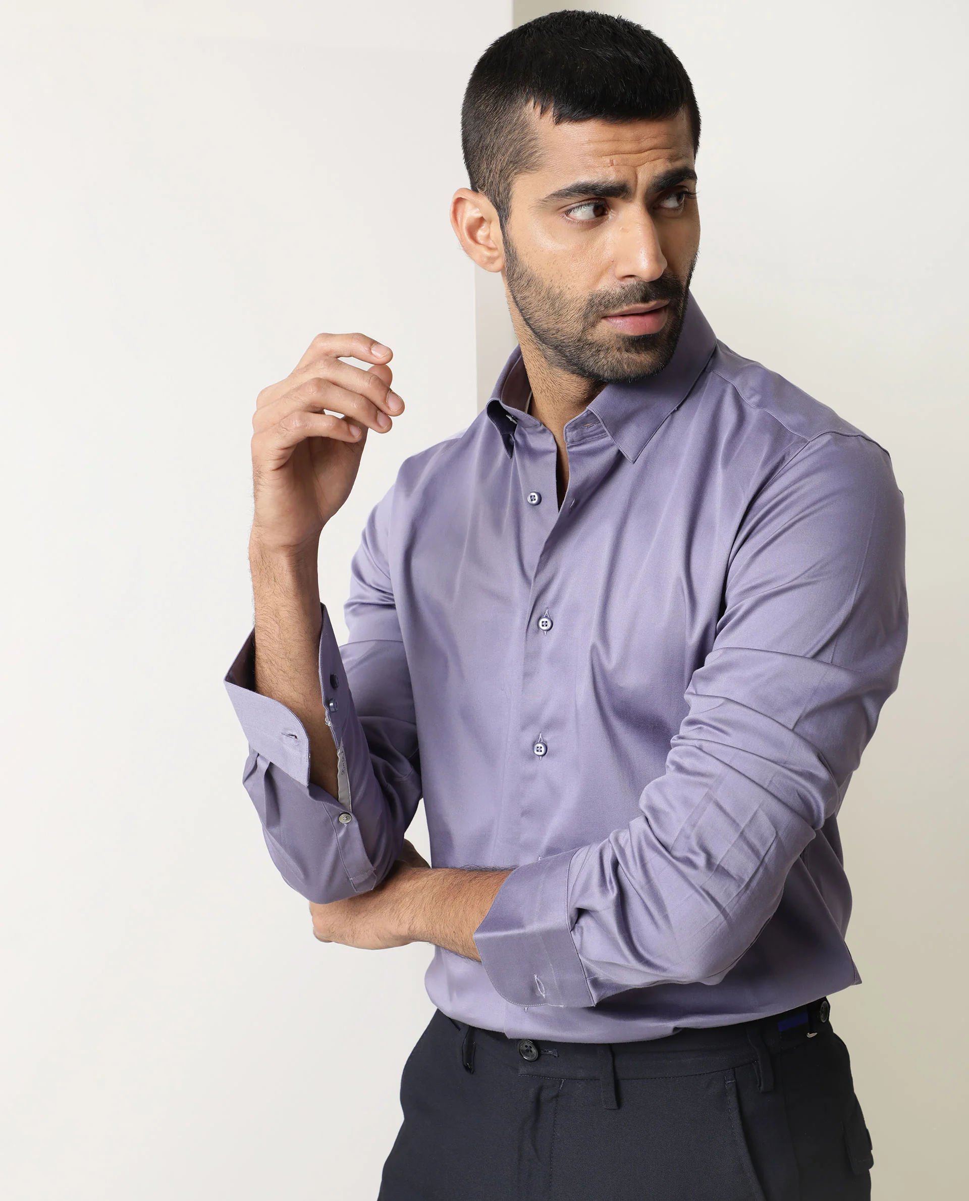 Rare Rabbit Men's Como Light Purple Satin Plain Regular Fit Full Sleeve Collared Shirt - Image 5