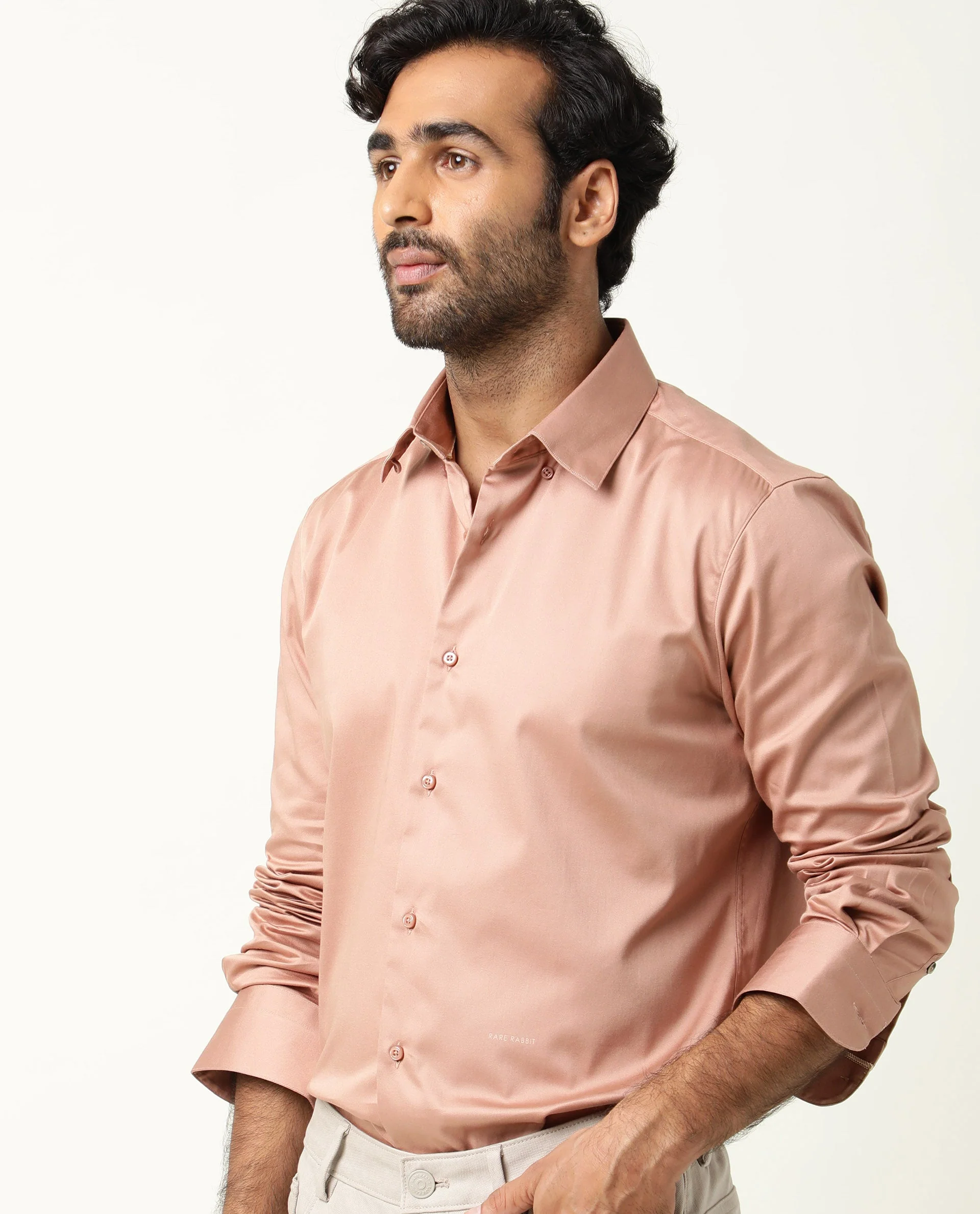 Rare Rabbit Men's Como Peach Satin Plain Regular Fit Full Sleeve Collared Shirt - Image 2