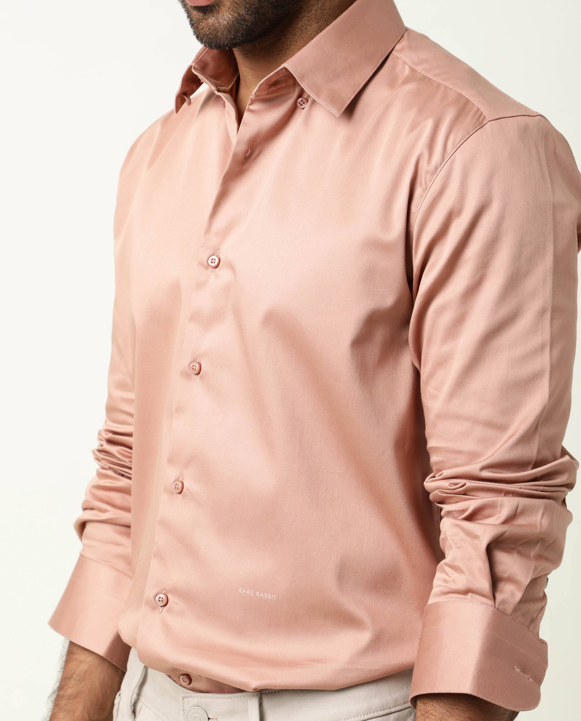 Rare Rabbit Men's Como Peach Satin Plain Regular Fit Full Sleeve Collared Shirt - Image 3