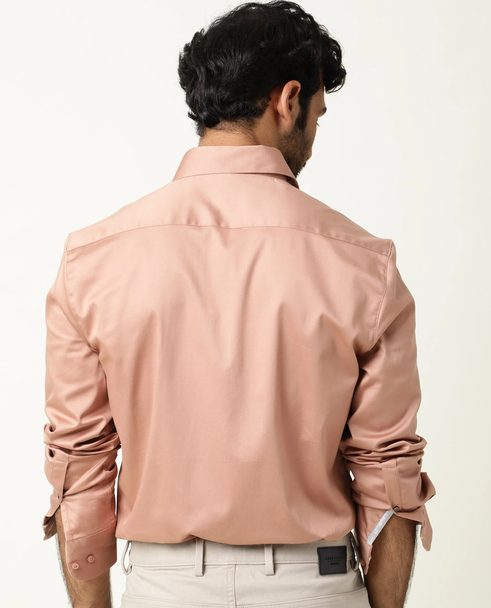 Rare Rabbit Men's Como Peach Satin Plain Regular Fit Full Sleeve Collared Shirt - Image 4
