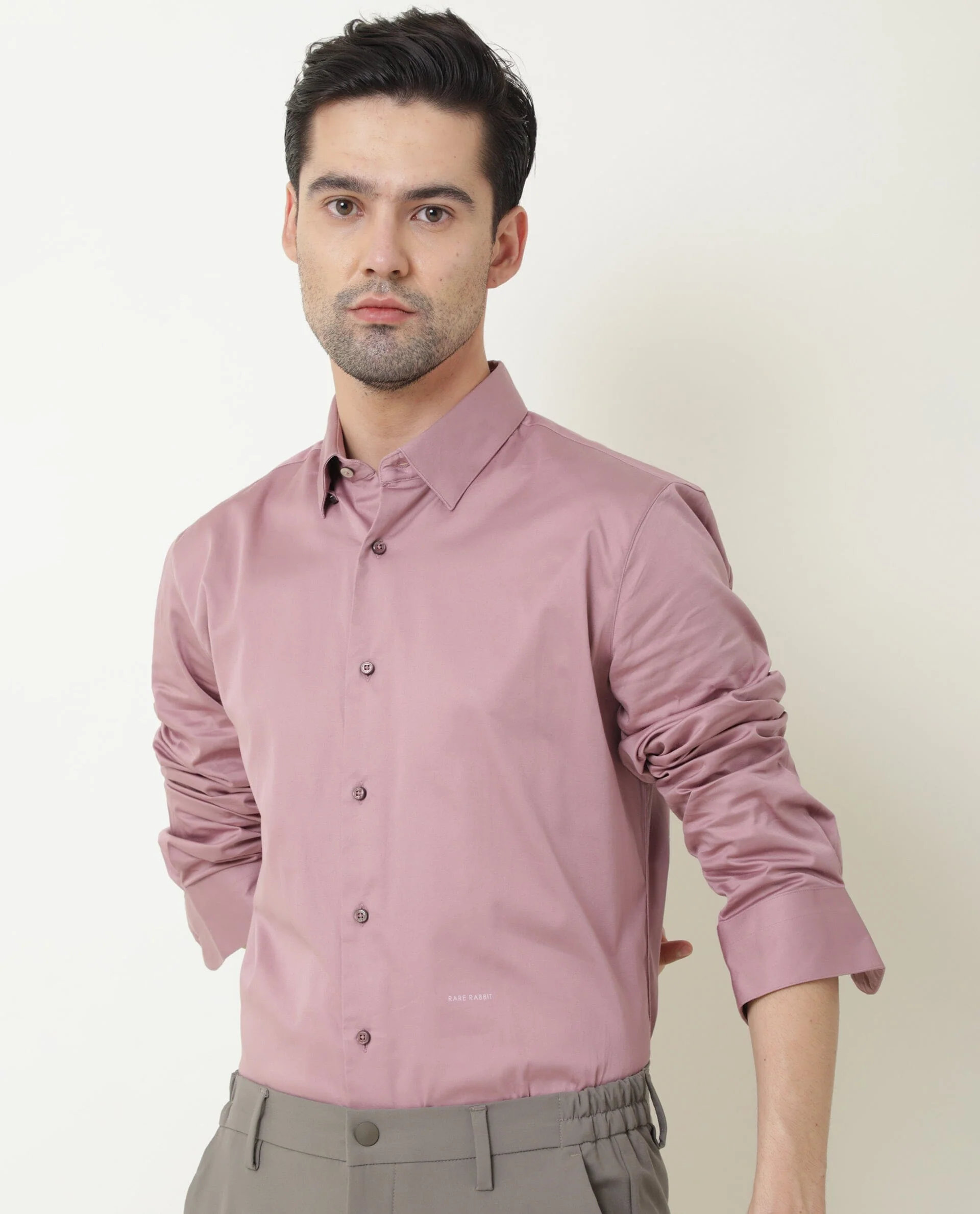 Rare Rabbit Men's Como Pink Cotton Plain Regular Fit Full Sleeve Spread Collar Shirt - Image 3