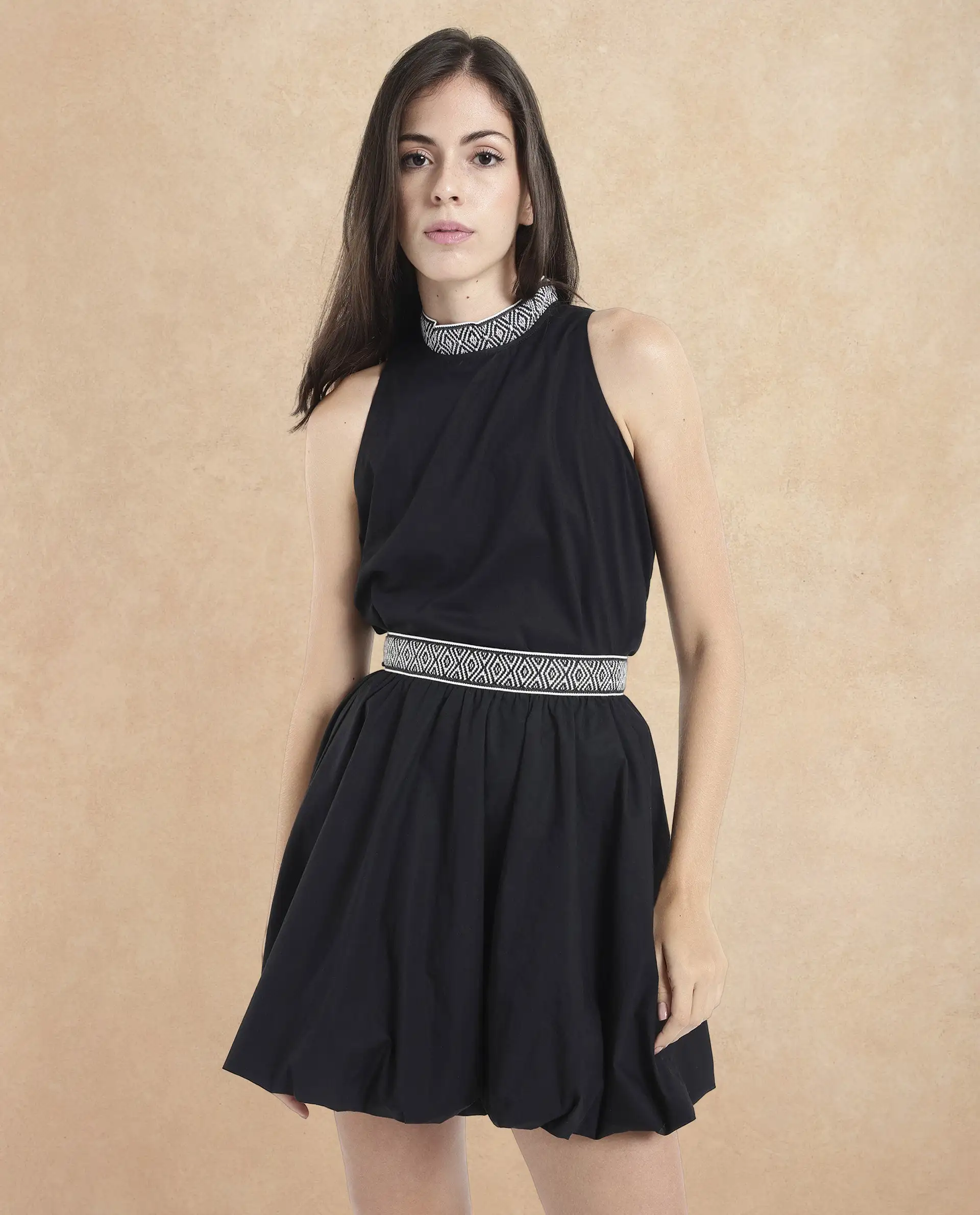 Rareism Women's Como Black Cotton Plain Mini Balloon Skirt
