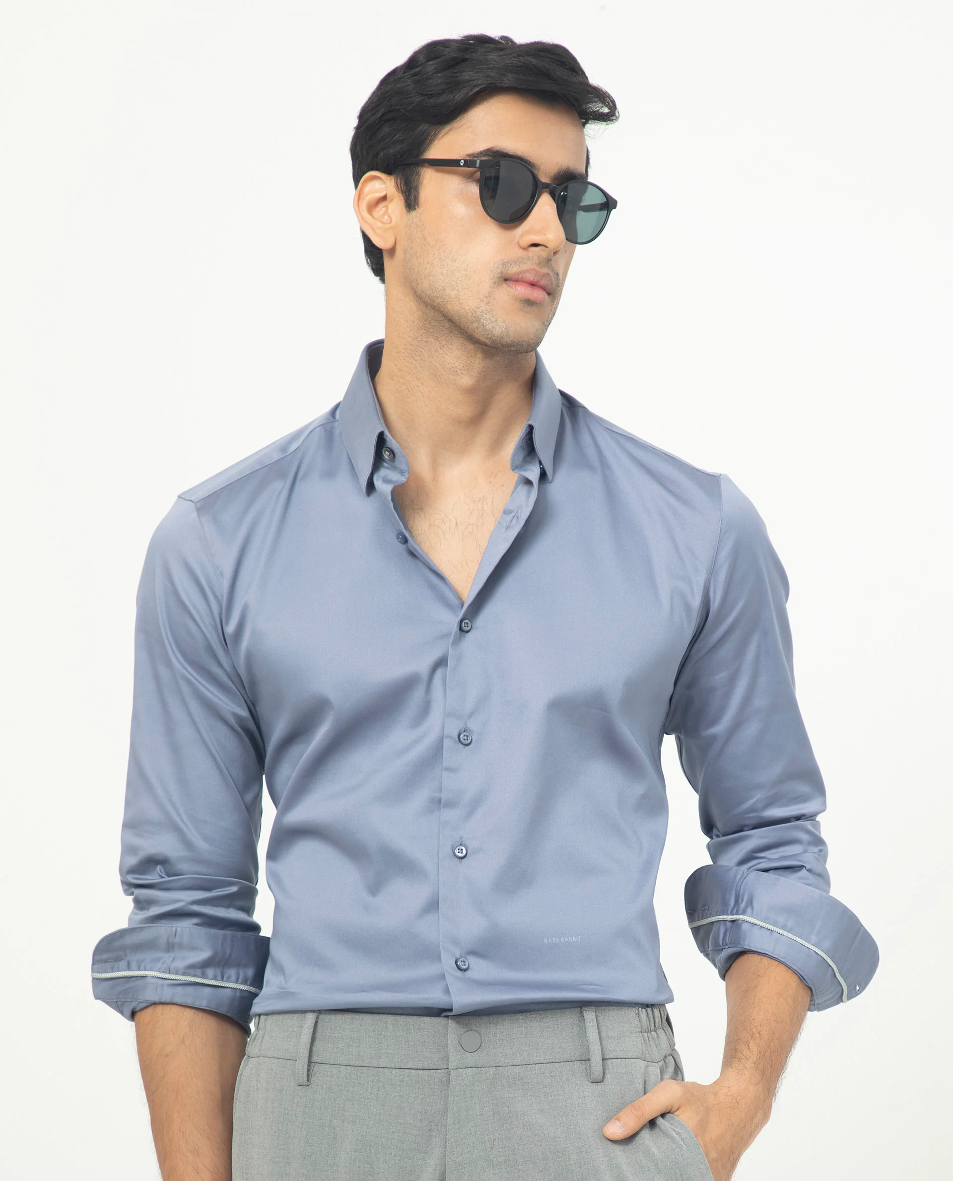 Rare Rabbit Men's Comor Blue Cotton Plain Regular Fit Full Sleeve Collared Shirt - Image 3
