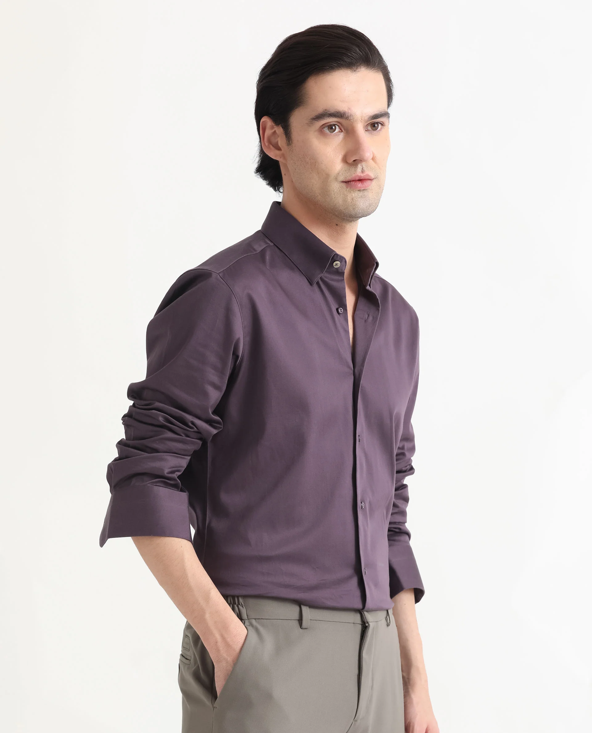 Rare Rabbit Men's Comor Dark Purple Cotton Plain Regular Fit Full Sleeve Collared Shirt - Image 3