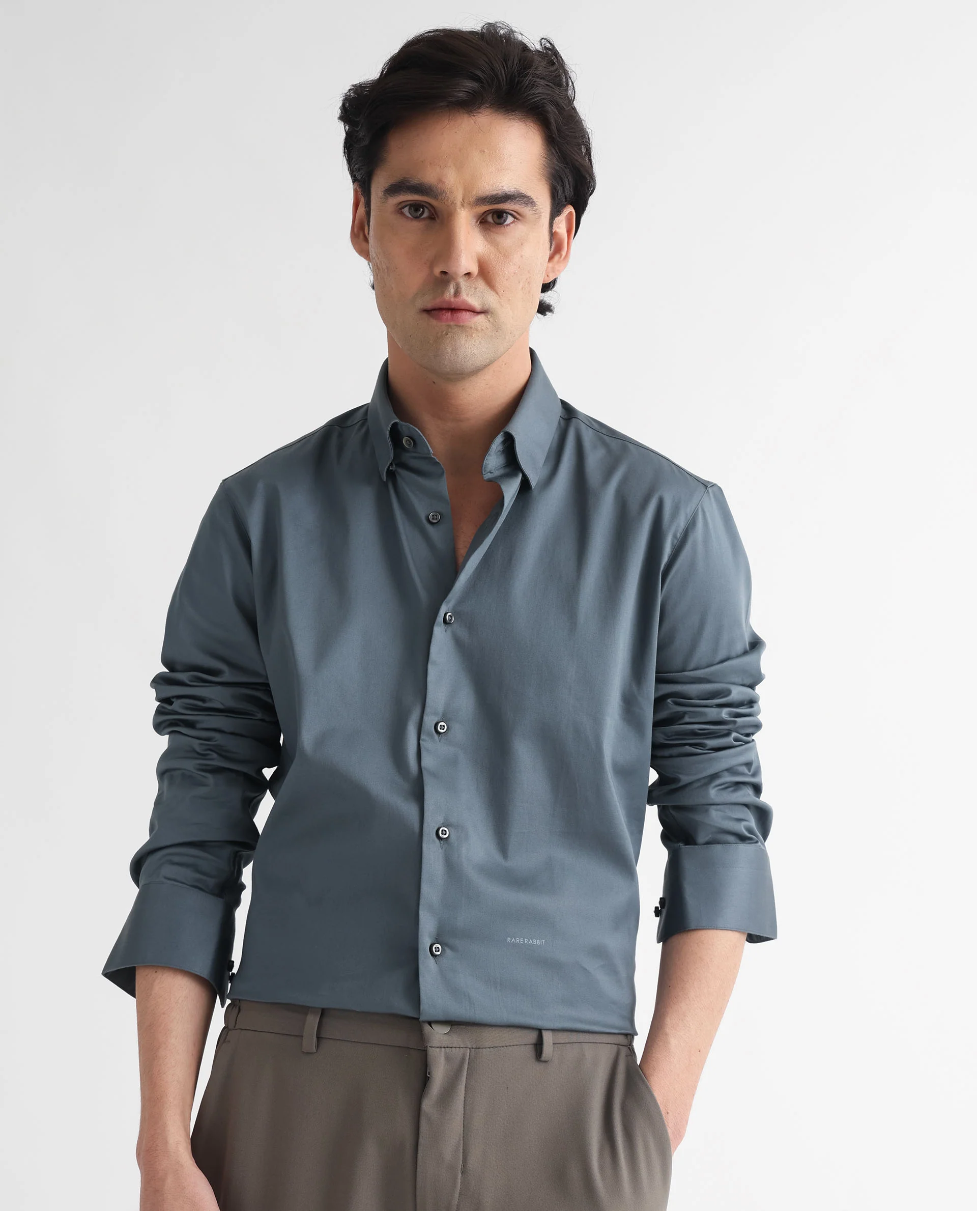 Rare Rabbit Men's Comor Grey Cotton Plain Regular Fit Full Sleeve Collared Shirt