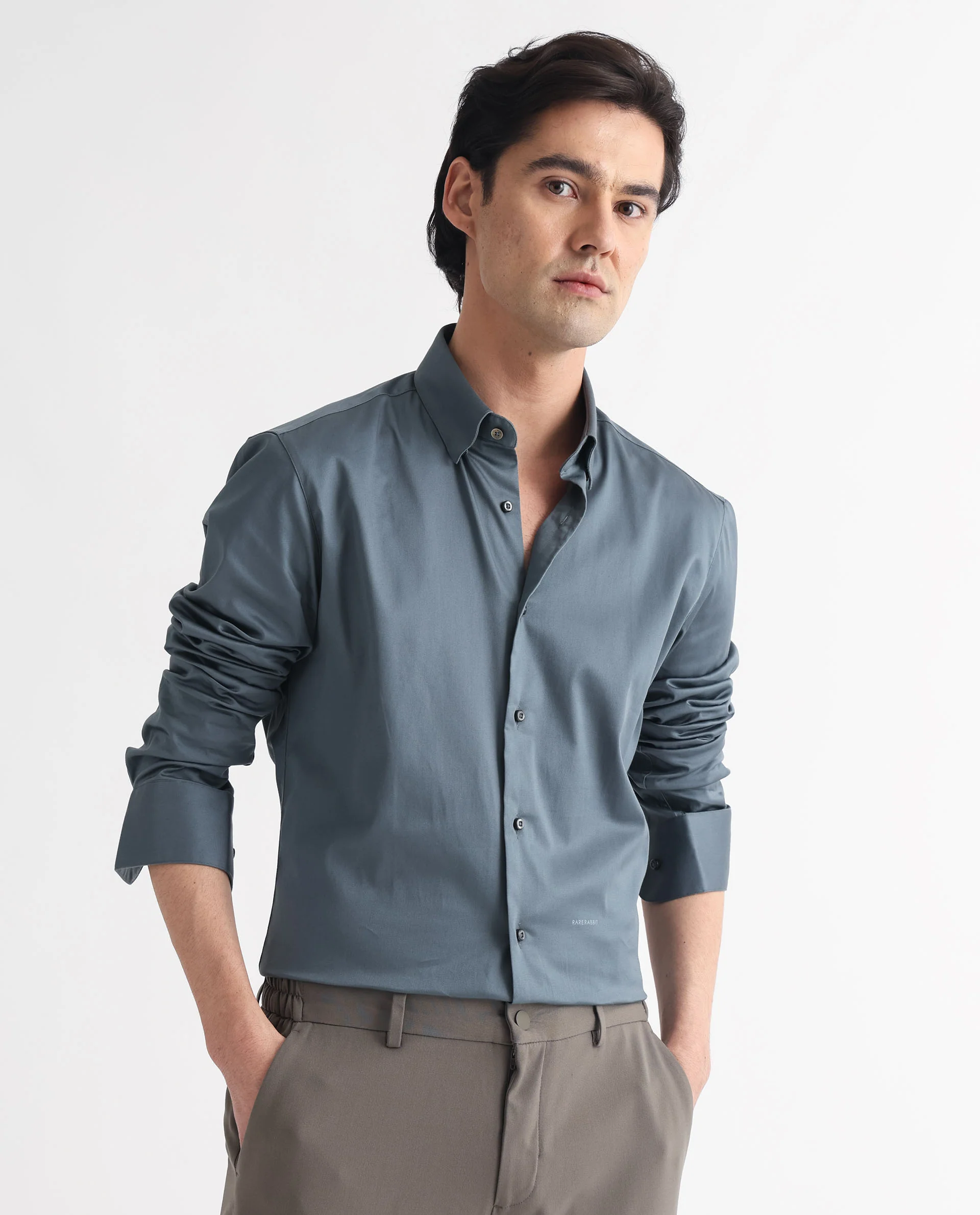 Rare Rabbit Men's Comor Grey Cotton Plain Regular Fit Full Sleeve Collared Shirt - Image 11