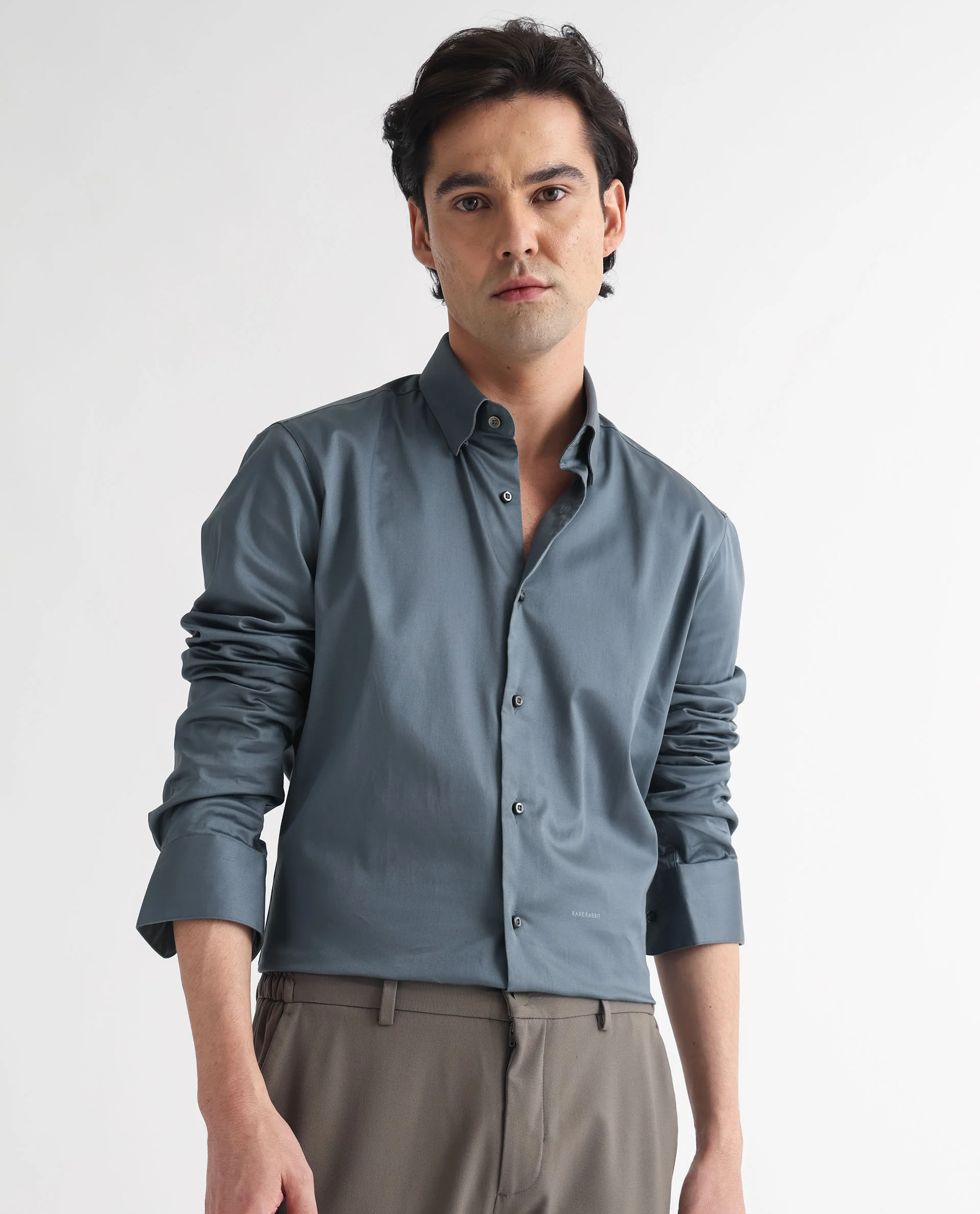 Rare Rabbit Men's Comor Grey Cotton Plain Regular Fit Full Sleeve Collared Shirt - Image 2