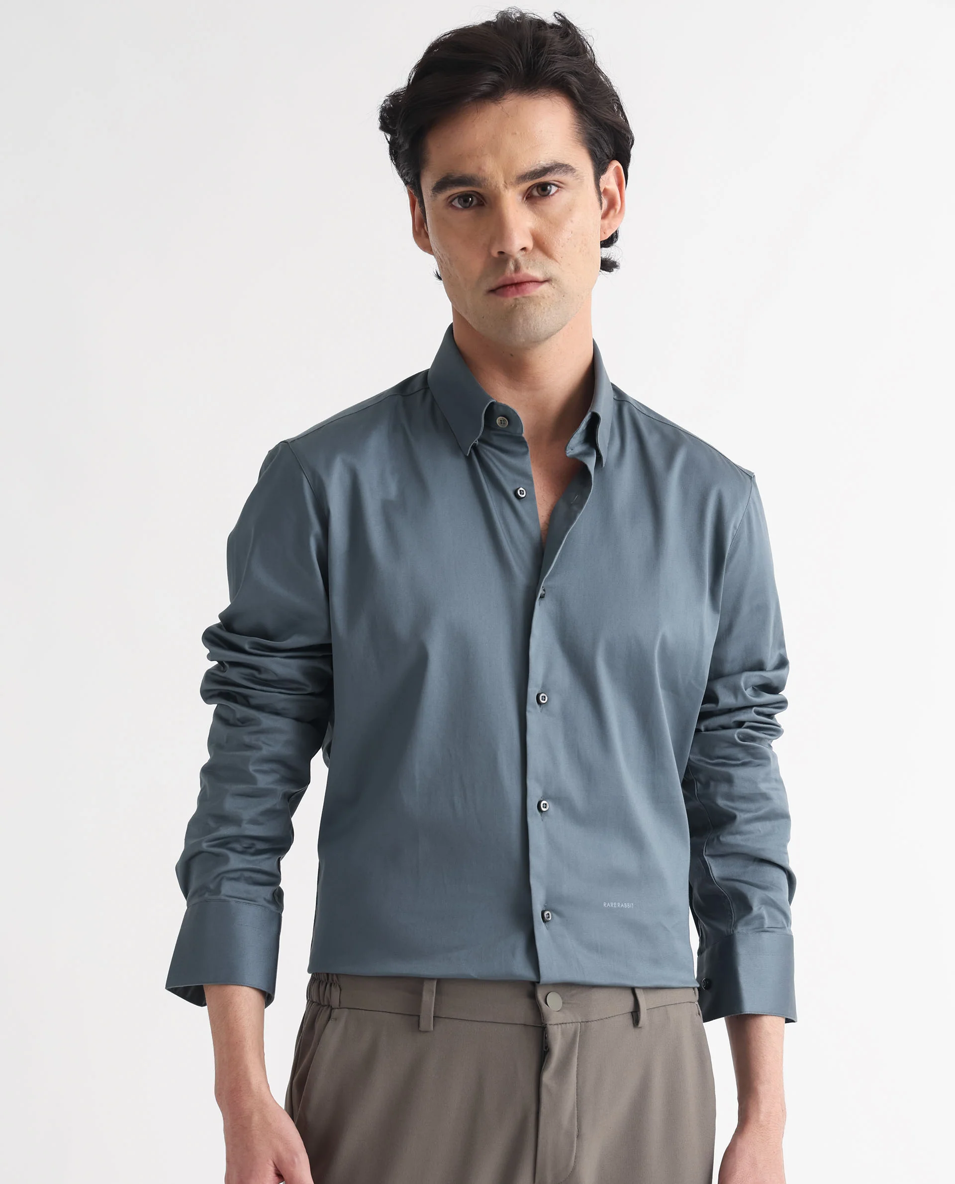Rare Rabbit Men's Comor Grey Cotton Plain Regular Fit Full Sleeve Collared Shirt - Image 4