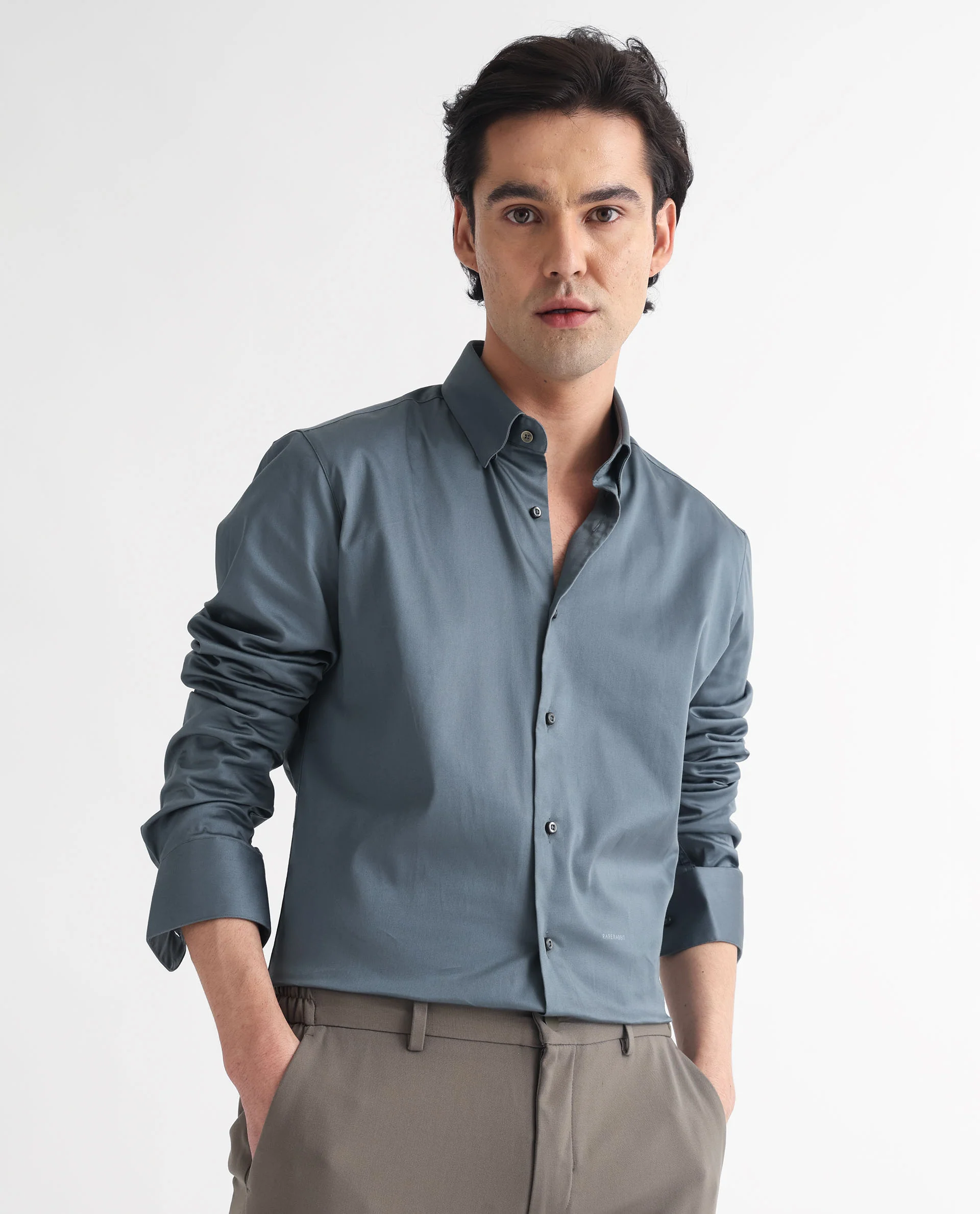 Rare Rabbit Men's Comor Grey Cotton Plain Regular Fit Full Sleeve Collared Shirt - Image 6