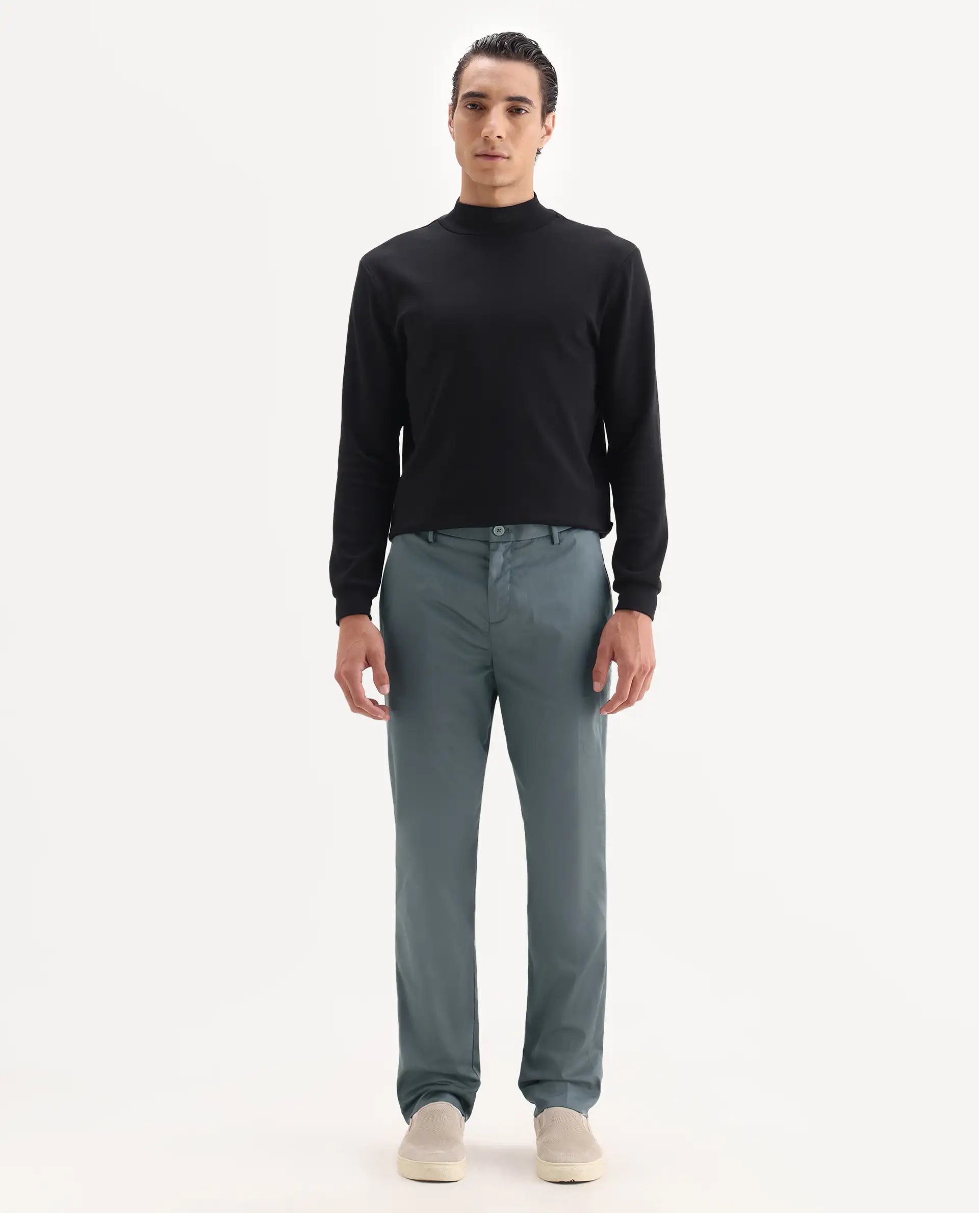 Rare Rabbit Men's Comotel Grey Cotton Blend Plain Regular Fit Trouser