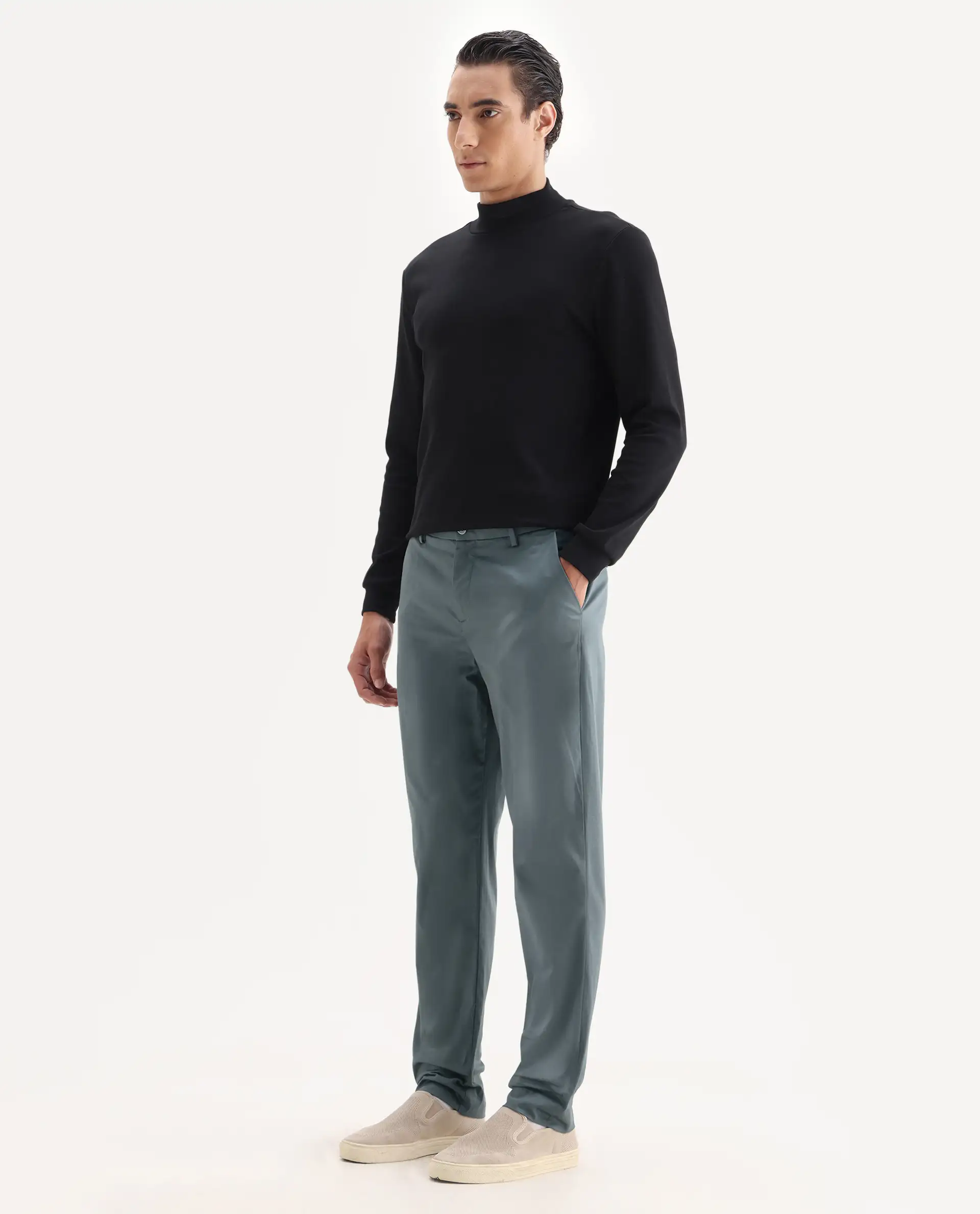 Rare Rabbit Men's Comotel Grey Cotton Blend Plain Regular Fit Trouser - Image 4