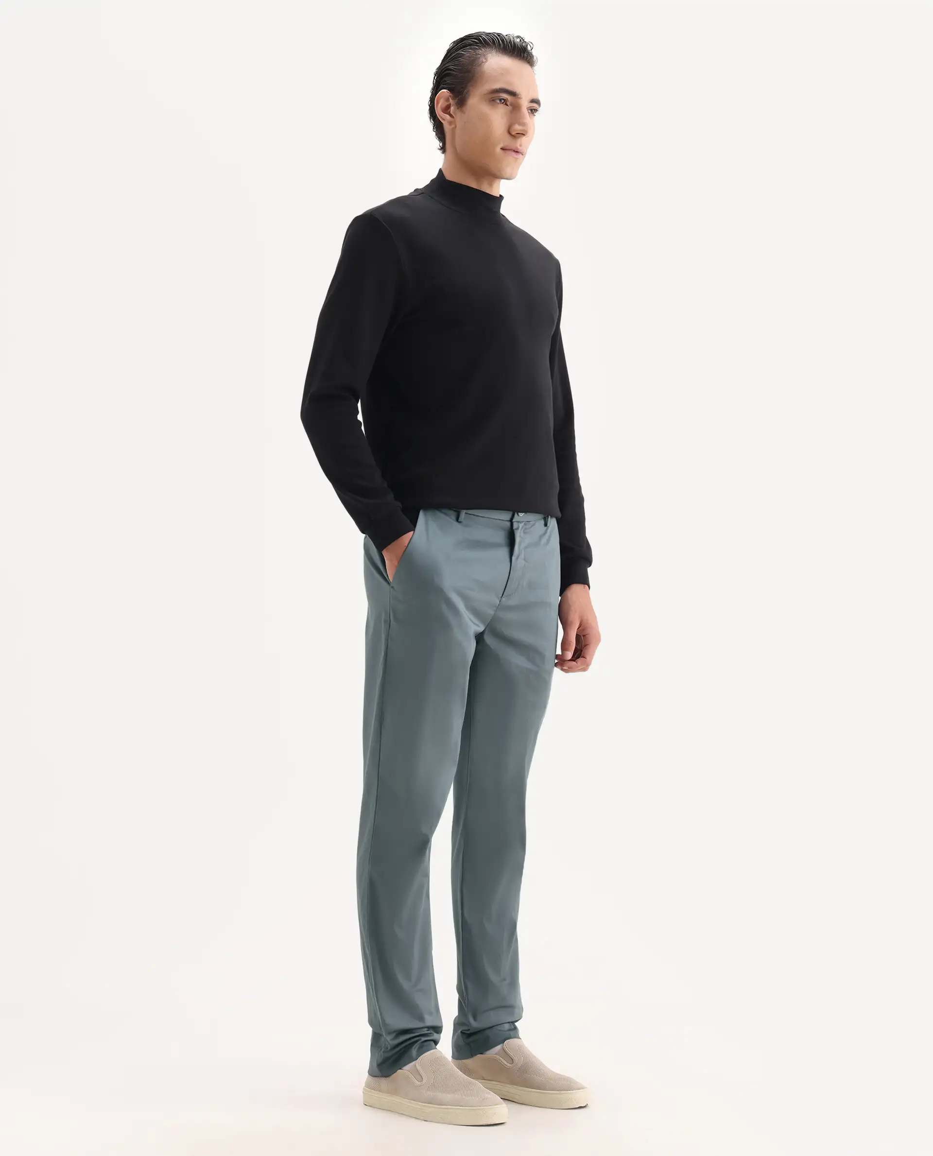 Rare Rabbit Men's Comotel Grey Cotton Blend Plain Regular Fit Trouser - Image 5