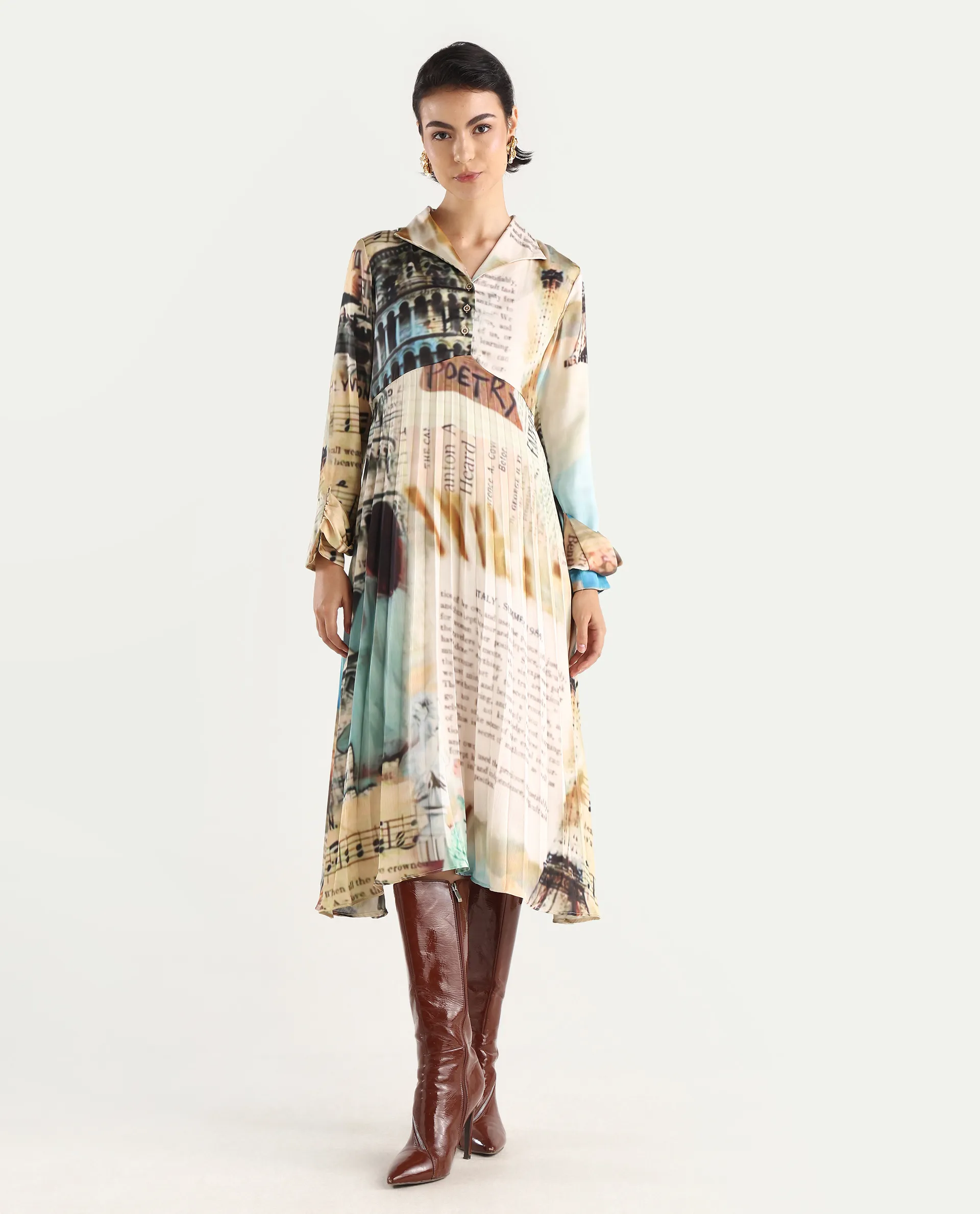 Rareism Women's Comros Multi Satin Drop Collar Abstract Print Cuffed Sleeve Maxi Flared Dress - Image 3