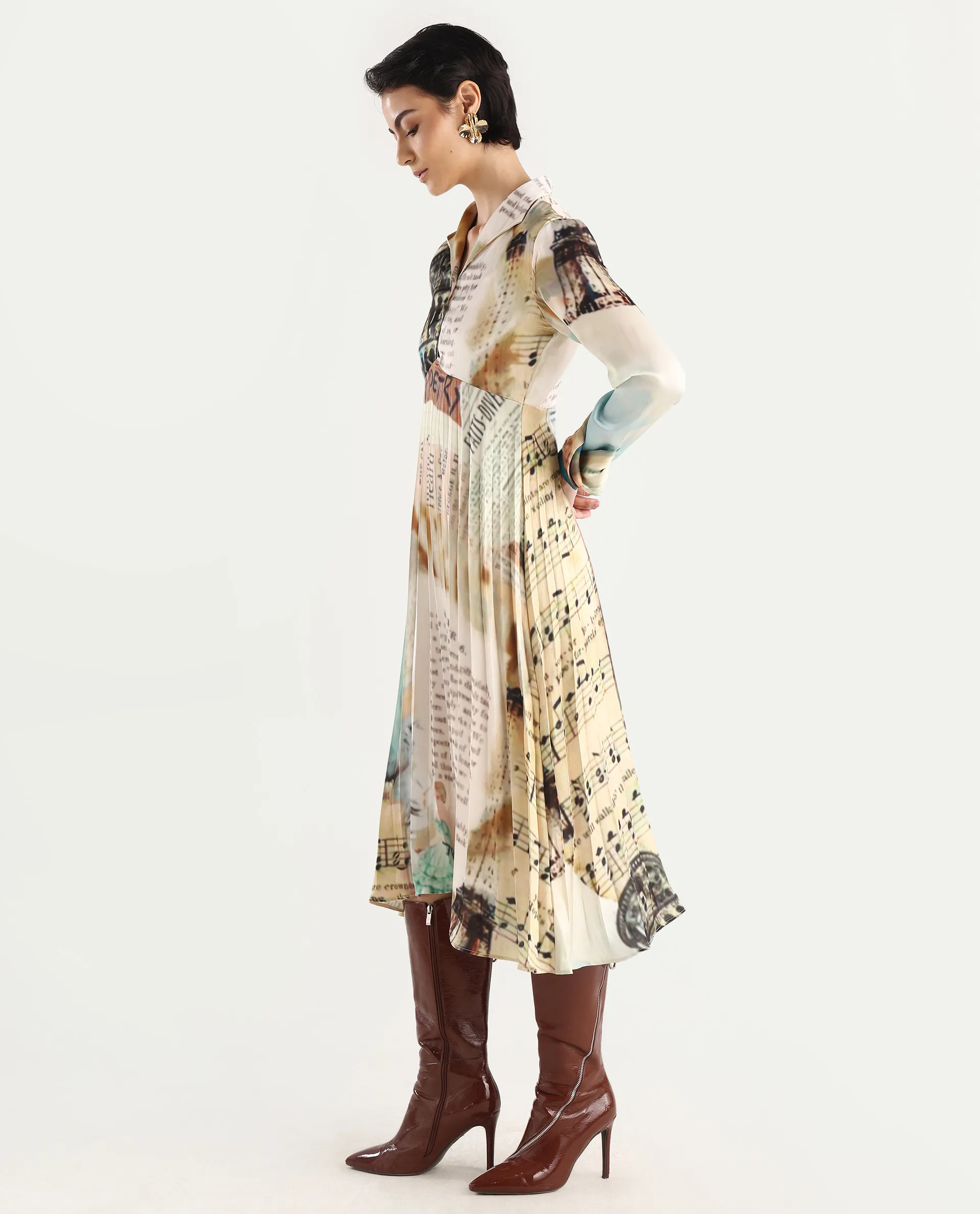 Rareism Women's Comros Multi Satin Drop Collar Abstract Print Cuffed Sleeve Maxi Flared Dress - Image 4