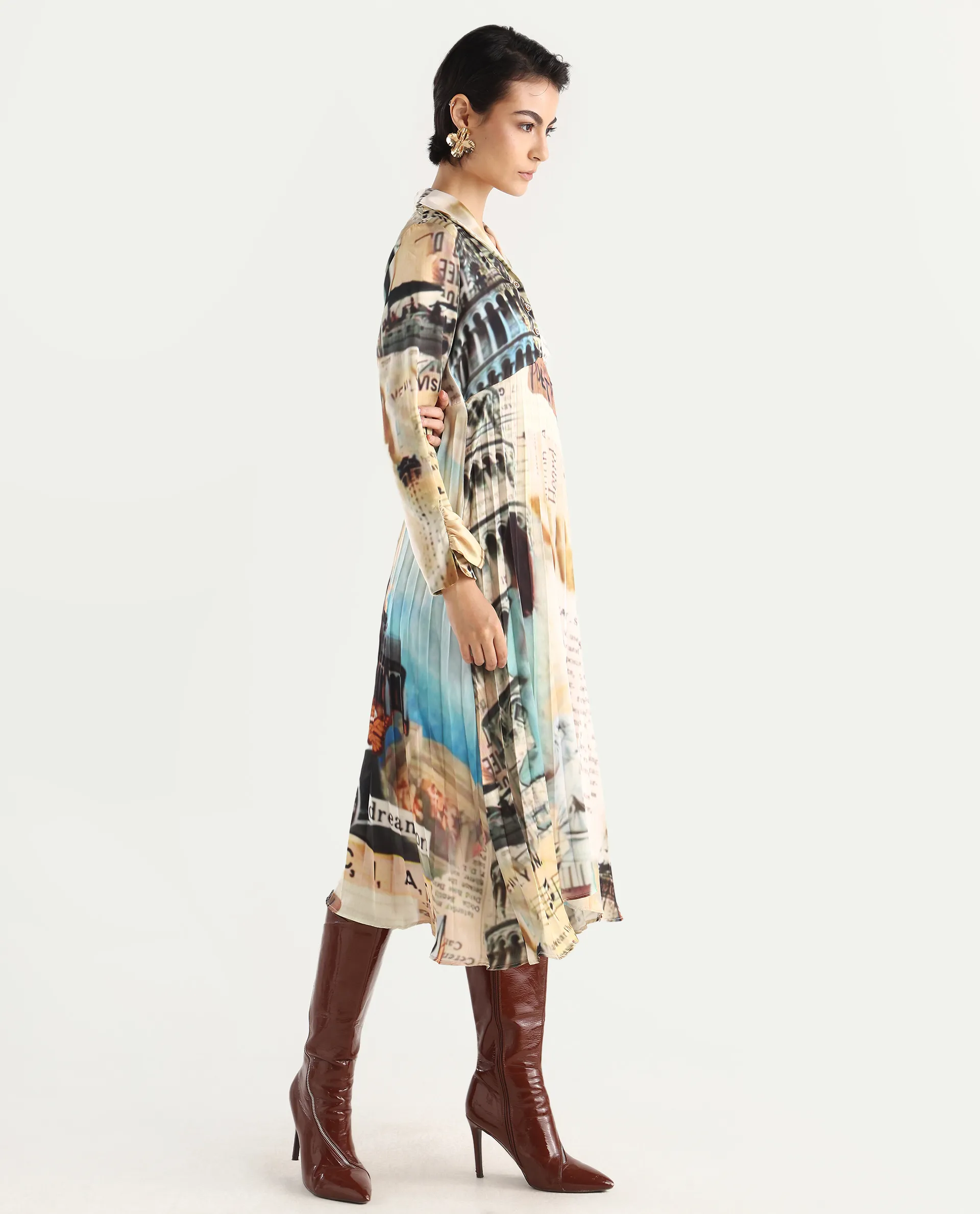 Rareism Women's Comros Multi Satin Drop Collar Abstract Print Cuffed Sleeve Maxi Flared Dress - Image 5