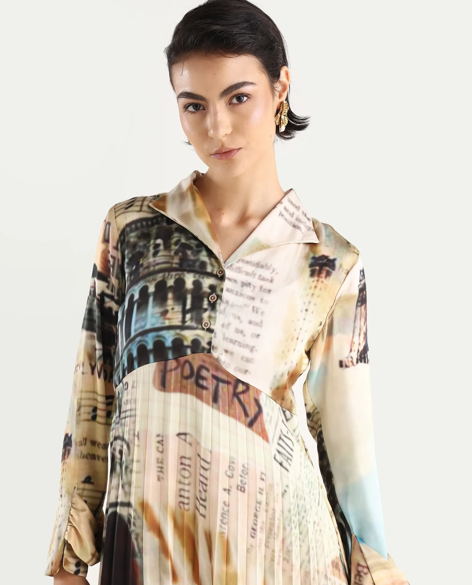Rareism Women's Comros Multi Satin Drop Collar Abstract Print Cuffed Sleeve Maxi Flared Dress - Image 6