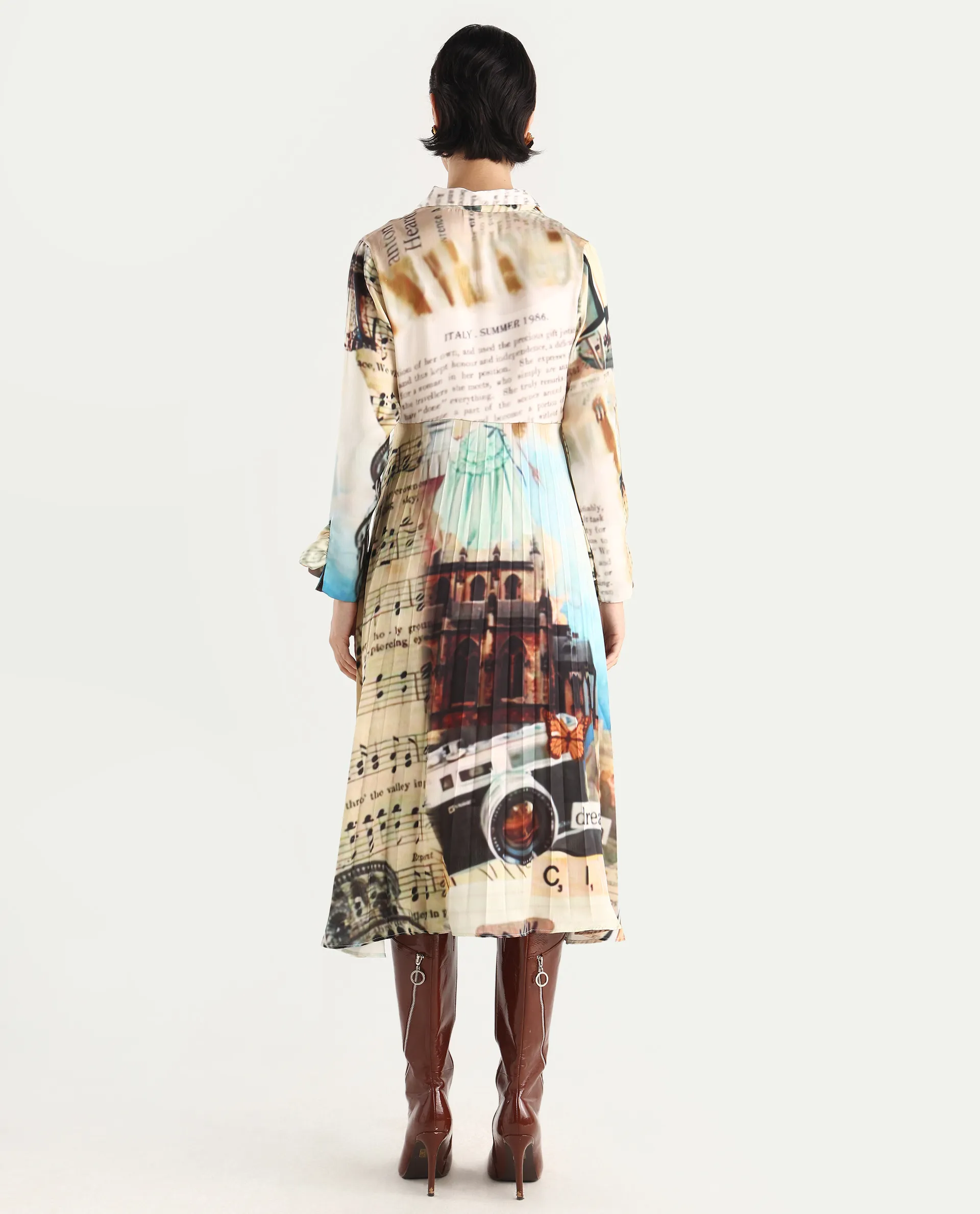 Rareism Women's Comros Multi Satin Drop Collar Abstract Print Cuffed Sleeve Maxi Flared Dress - Image 7
