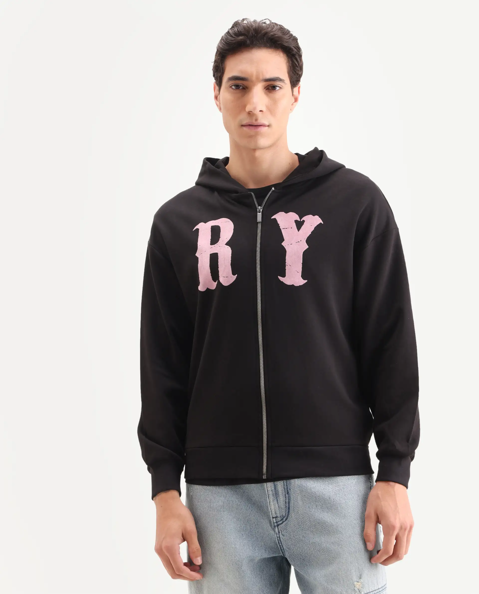 Rare Rabbit Men's Con Black Cotton Blend Graphic Print Boxy Fit Full Sleeve Hooded Sweatshirt - Image 3