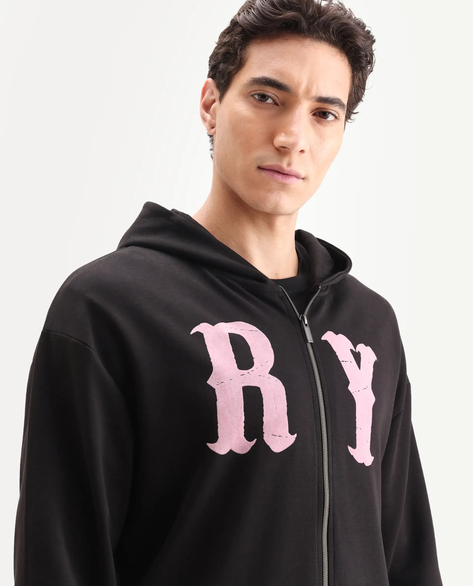 Rare Rabbit Men's Con Black Cotton Blend Graphic Print Boxy Fit Full Sleeve Hooded Sweatshirt - Image 4