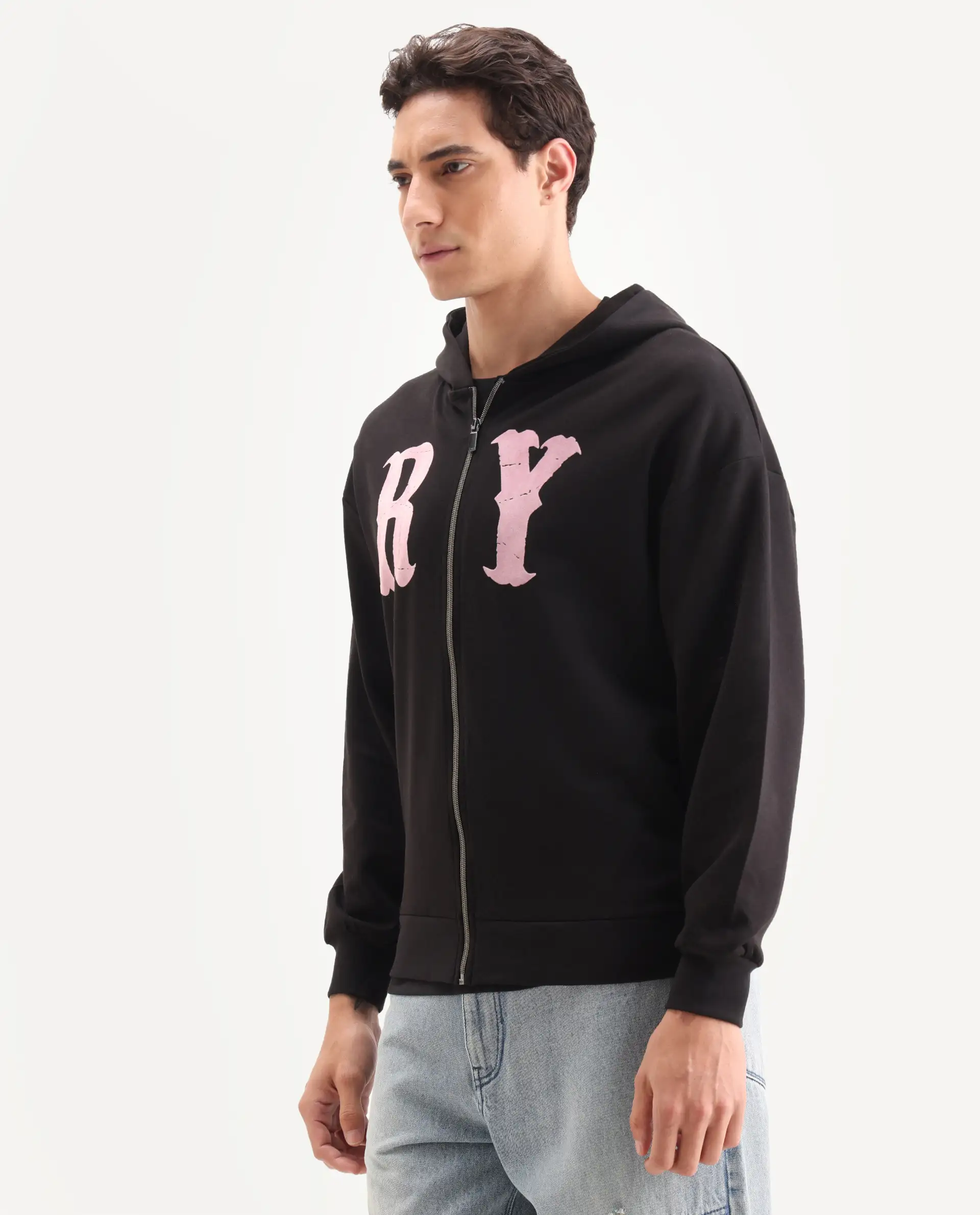 Rare Rabbit Men's Con Black Cotton Blend Graphic Print Boxy Fit Full Sleeve Hooded Sweatshirt - Image 5