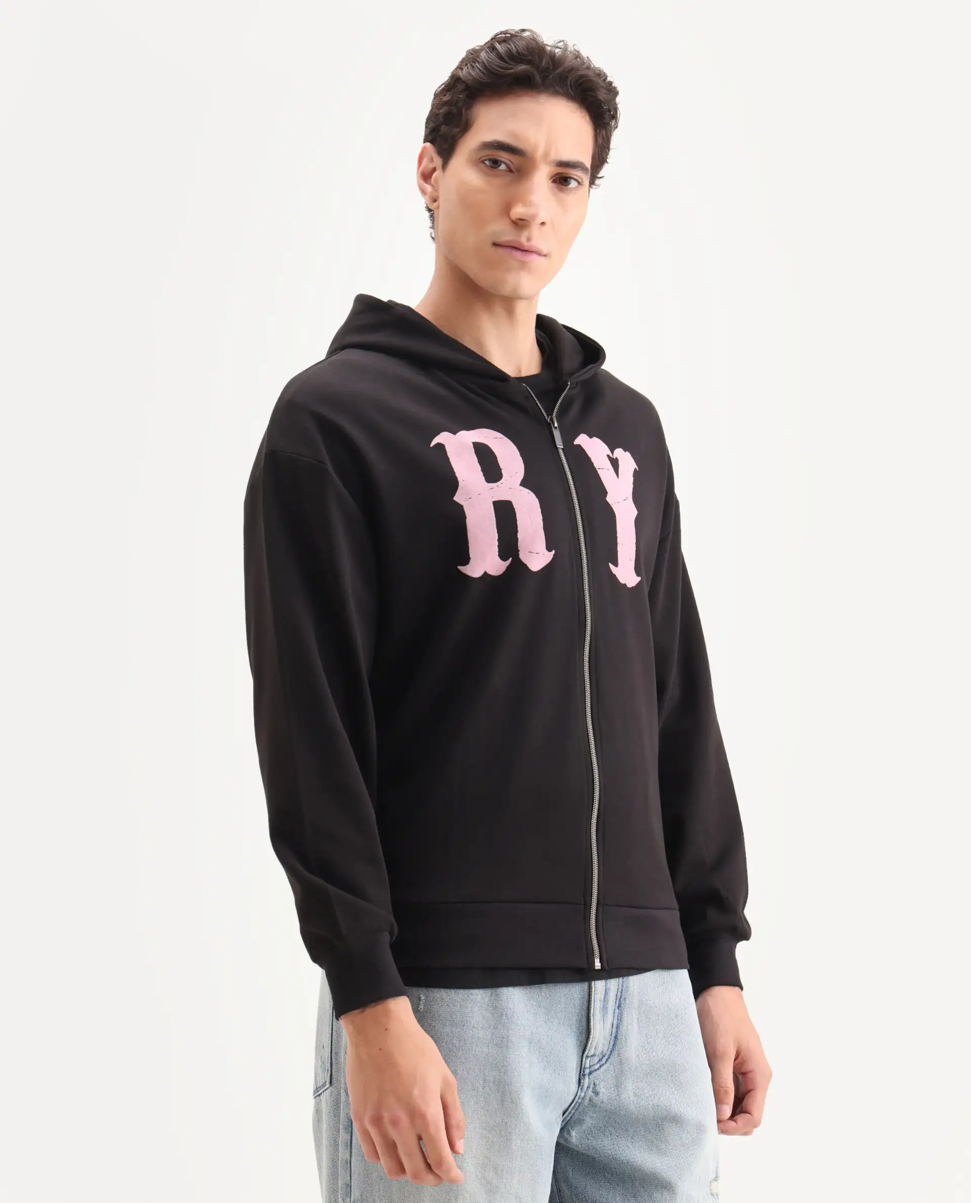 Rare Rabbit Men's Con Black Cotton Blend Graphic Print Boxy Fit Full Sleeve Hooded Sweatshirt - Image 6