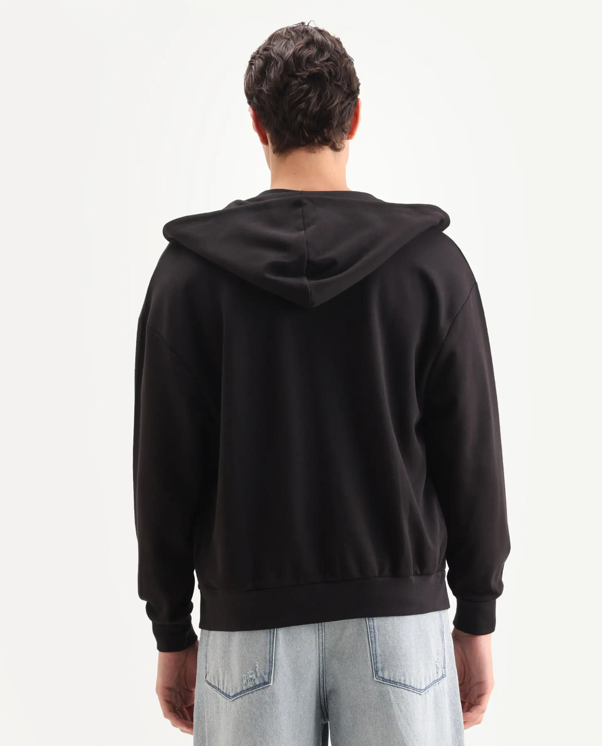 Rare Rabbit Men's Con Black Cotton Blend Graphic Print Boxy Fit Full Sleeve Hooded Sweatshirt - Image 7